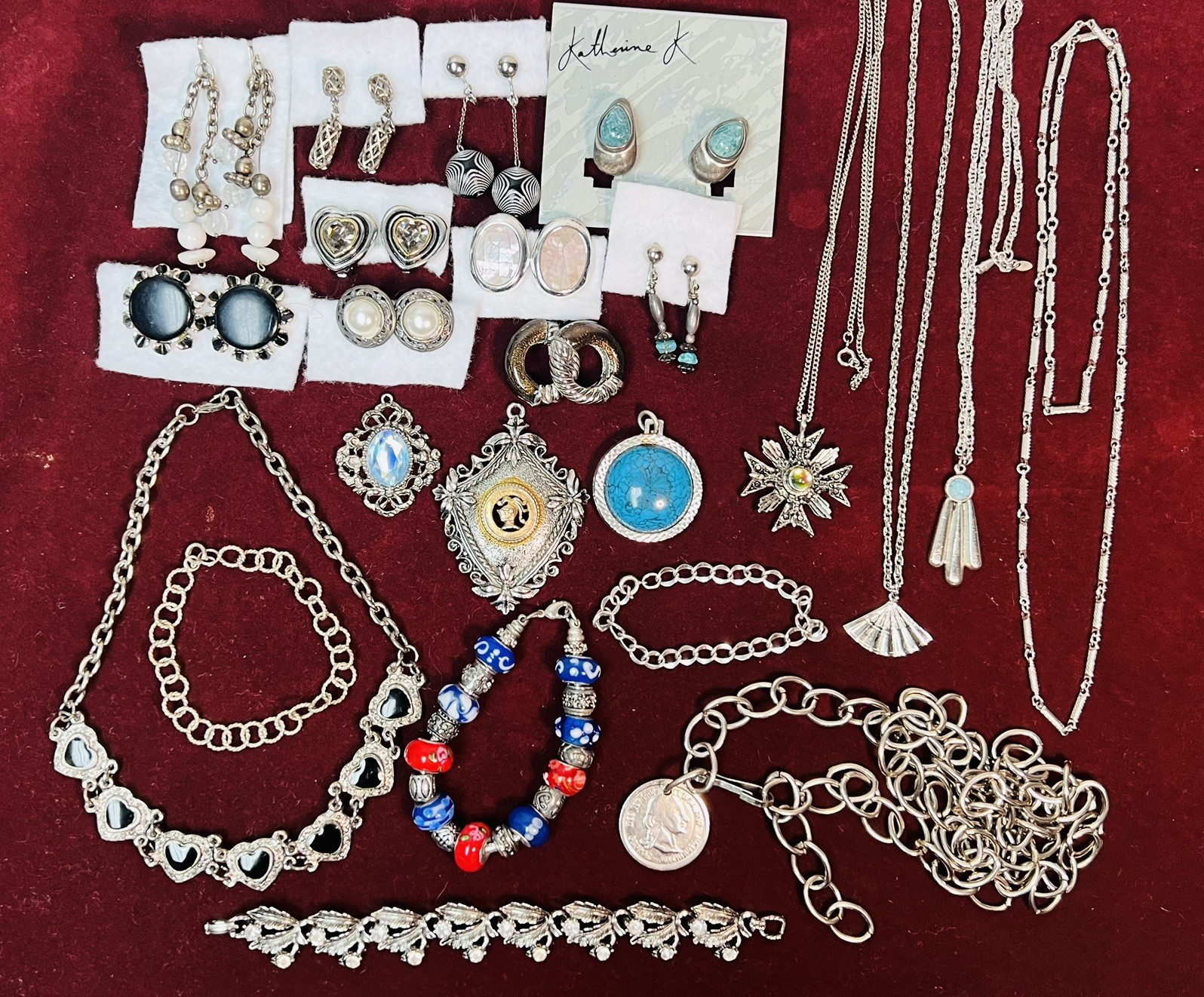 Vintage Silver Tone Jewelry Clip on Earrings Bracelet Necklace Pendant Lot of 23