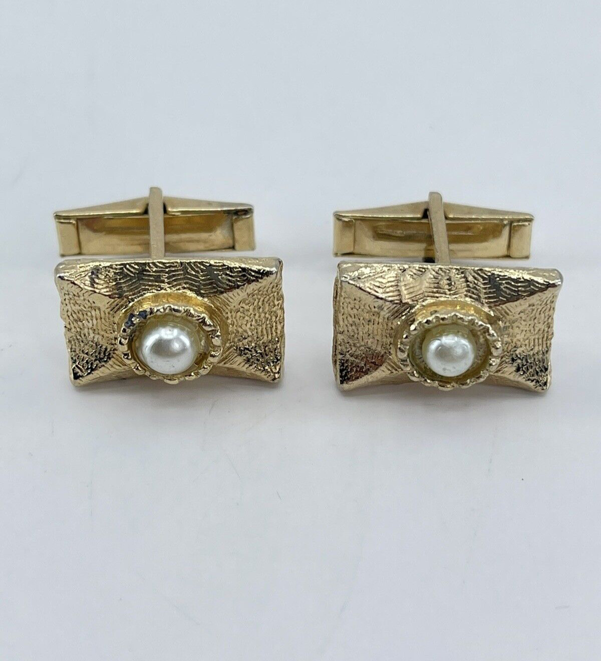 Vintage Faux Pearl mens cufflinks rectangle brushed gold tone concave whale back