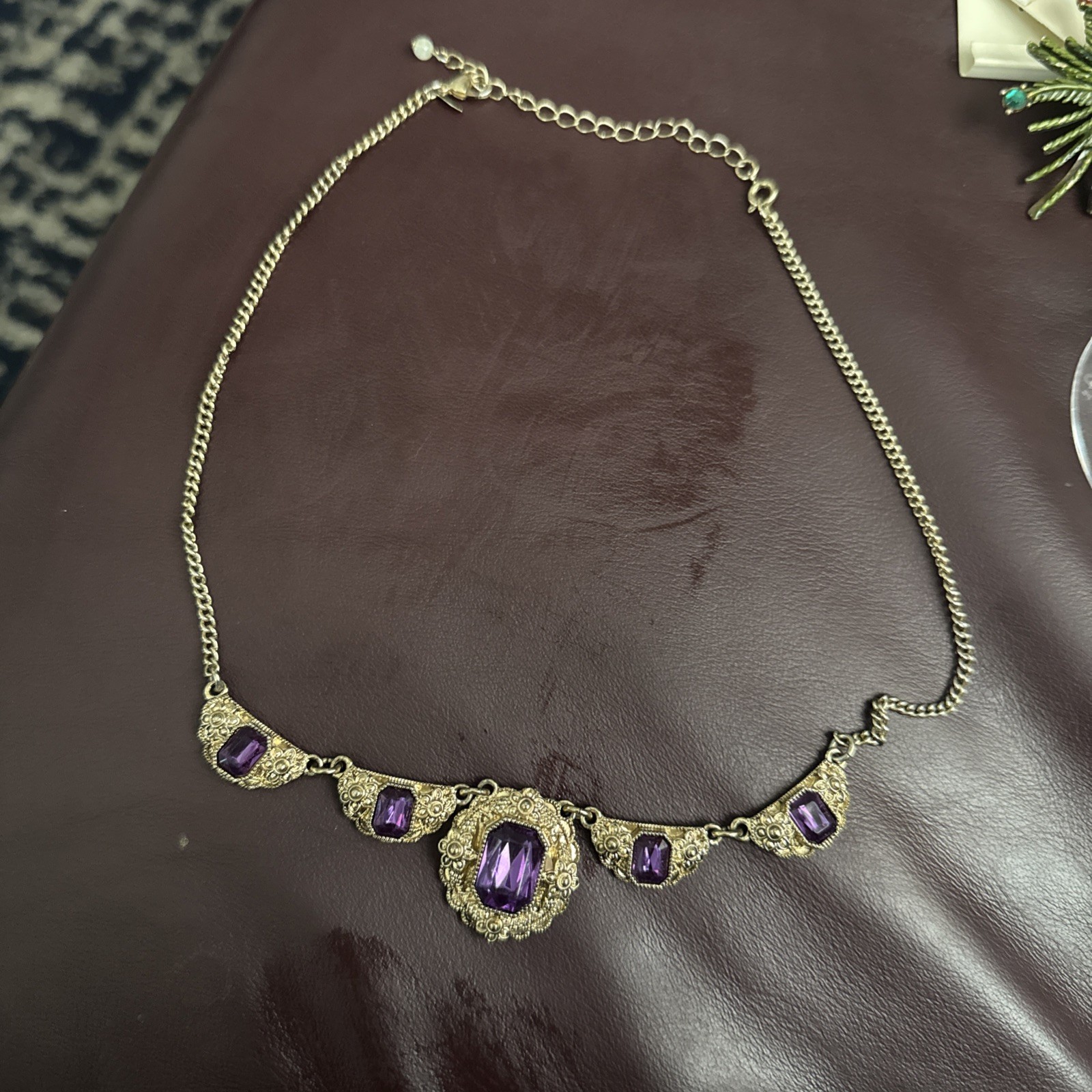 Vintage NEW In Bag AVON Purple Glass Station Necklace Signed NWT