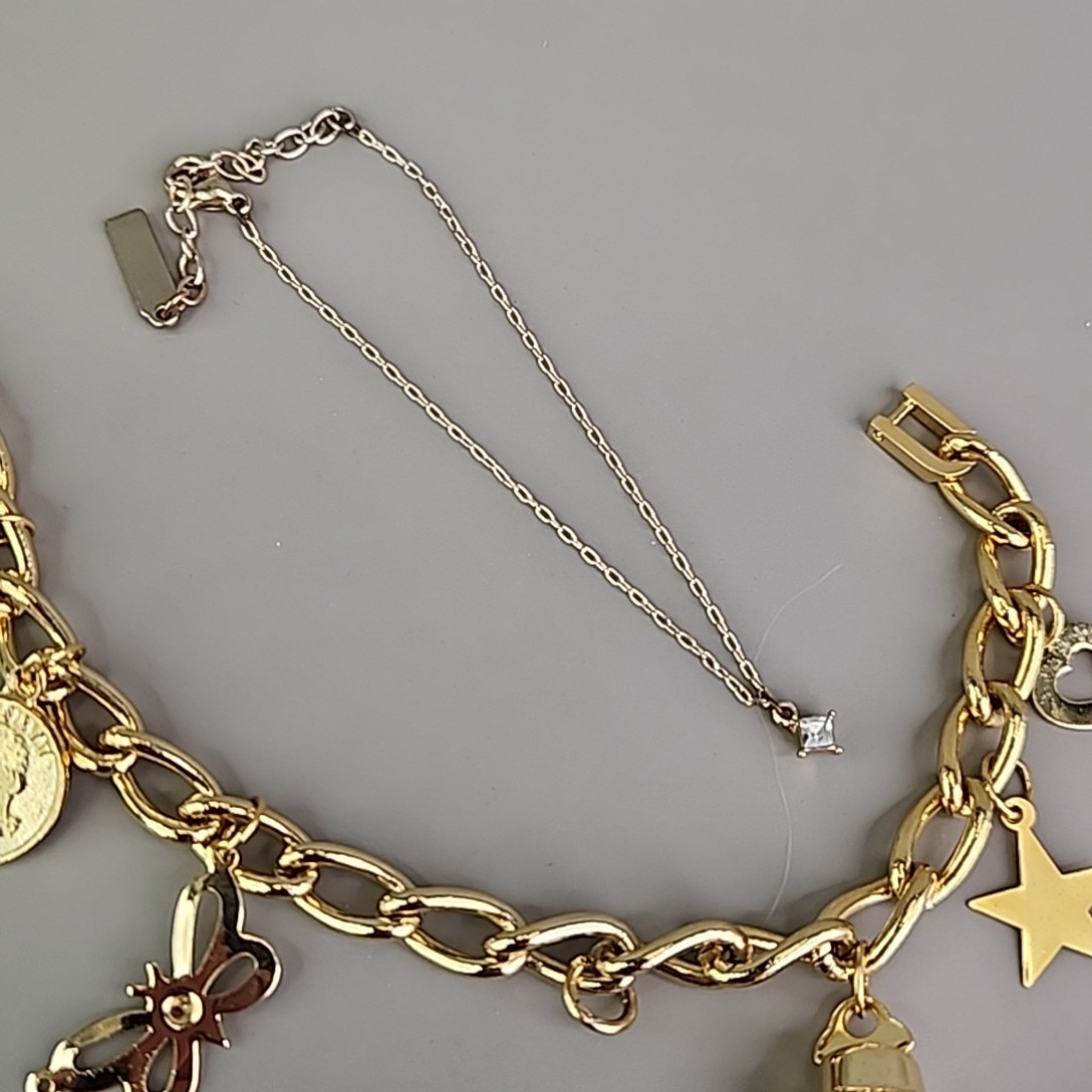 Chain Bracelet Lot of 4 Charm Rhinestone Gold Tone 6.75″