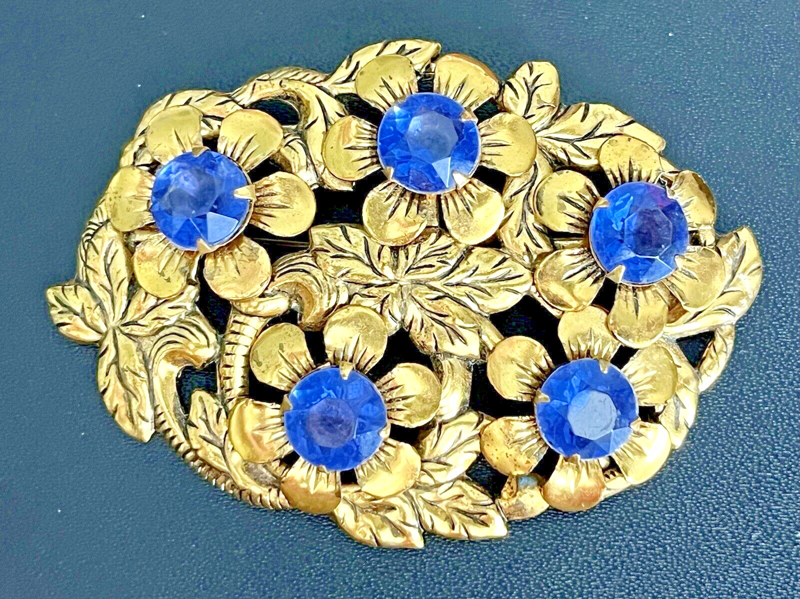 Vintage CZECH ART DECO Pin Pronged Blue Stones Gold Tone Filigree Design