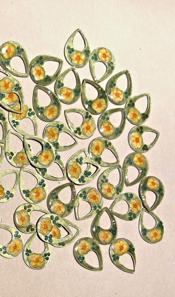 56x Vtg. Guilloche Enamel Charm – Teardrop hoop charm shape- Yellow Flower/green