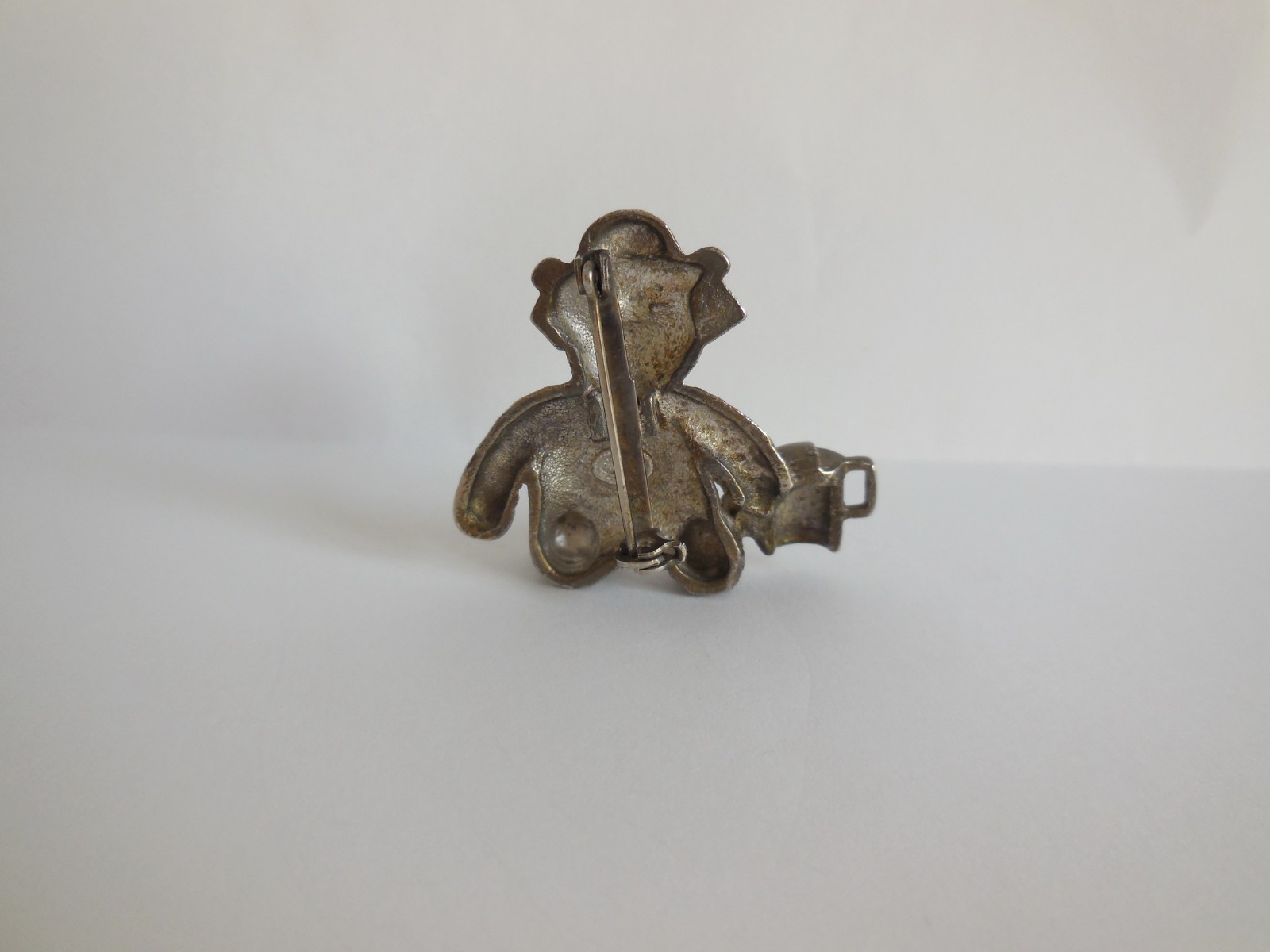 Vintage Pewter & Green Enamel Gardening Teddy Bear Pin Brooch