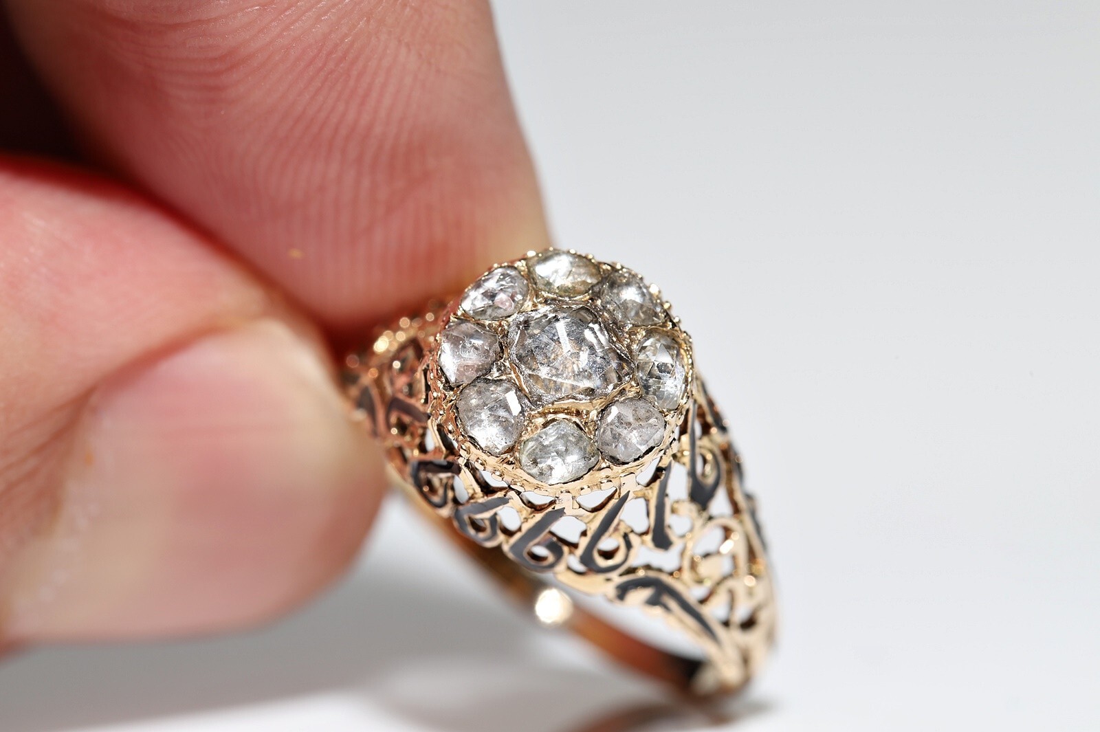 Antique Ottoman Circa 1900s 14k Gold Natural Rose Cut Diamond Enamel Ring