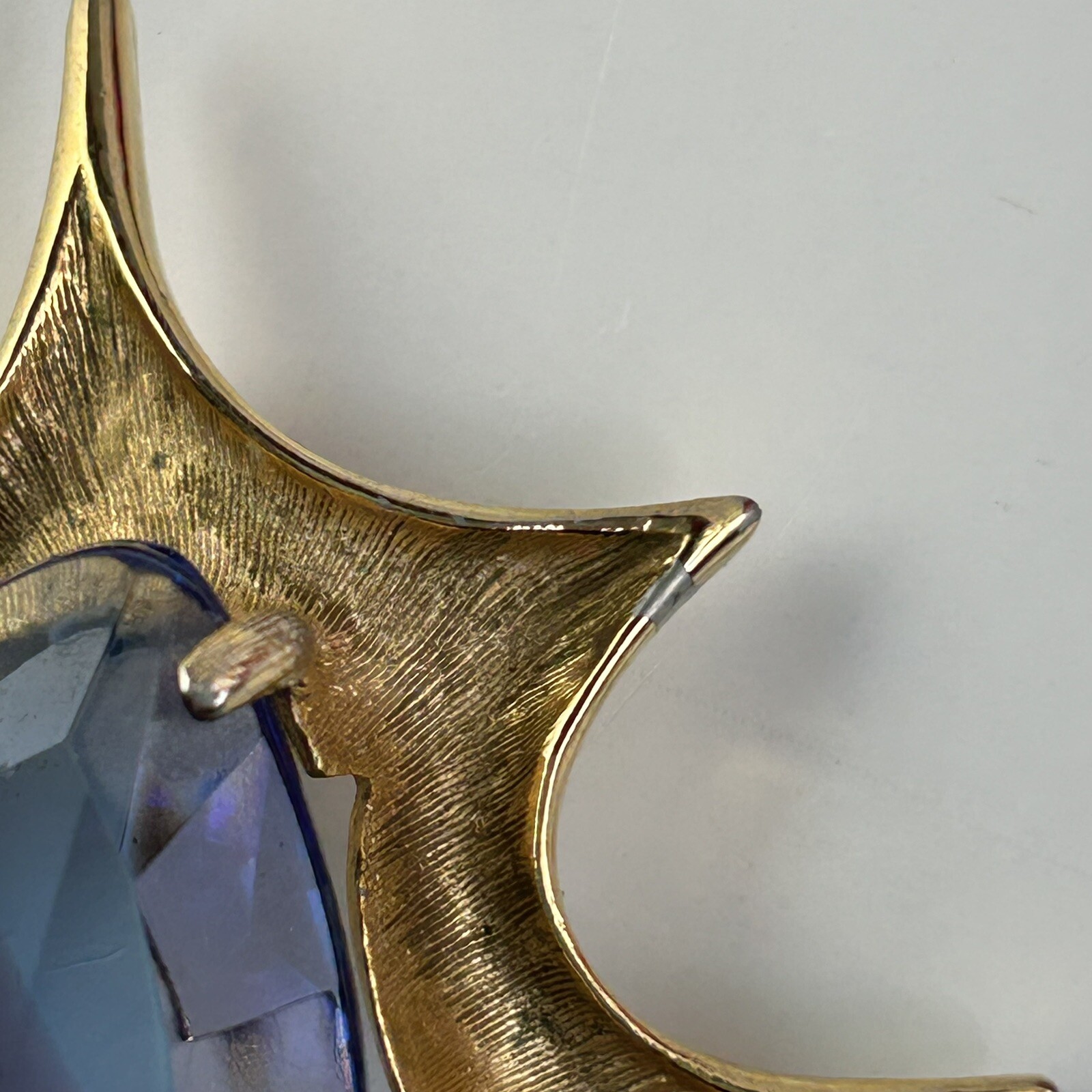 Atomic Blast Brooch Pin Signed BSK Gold Tone Blue Stone Starburst Vintage MCM