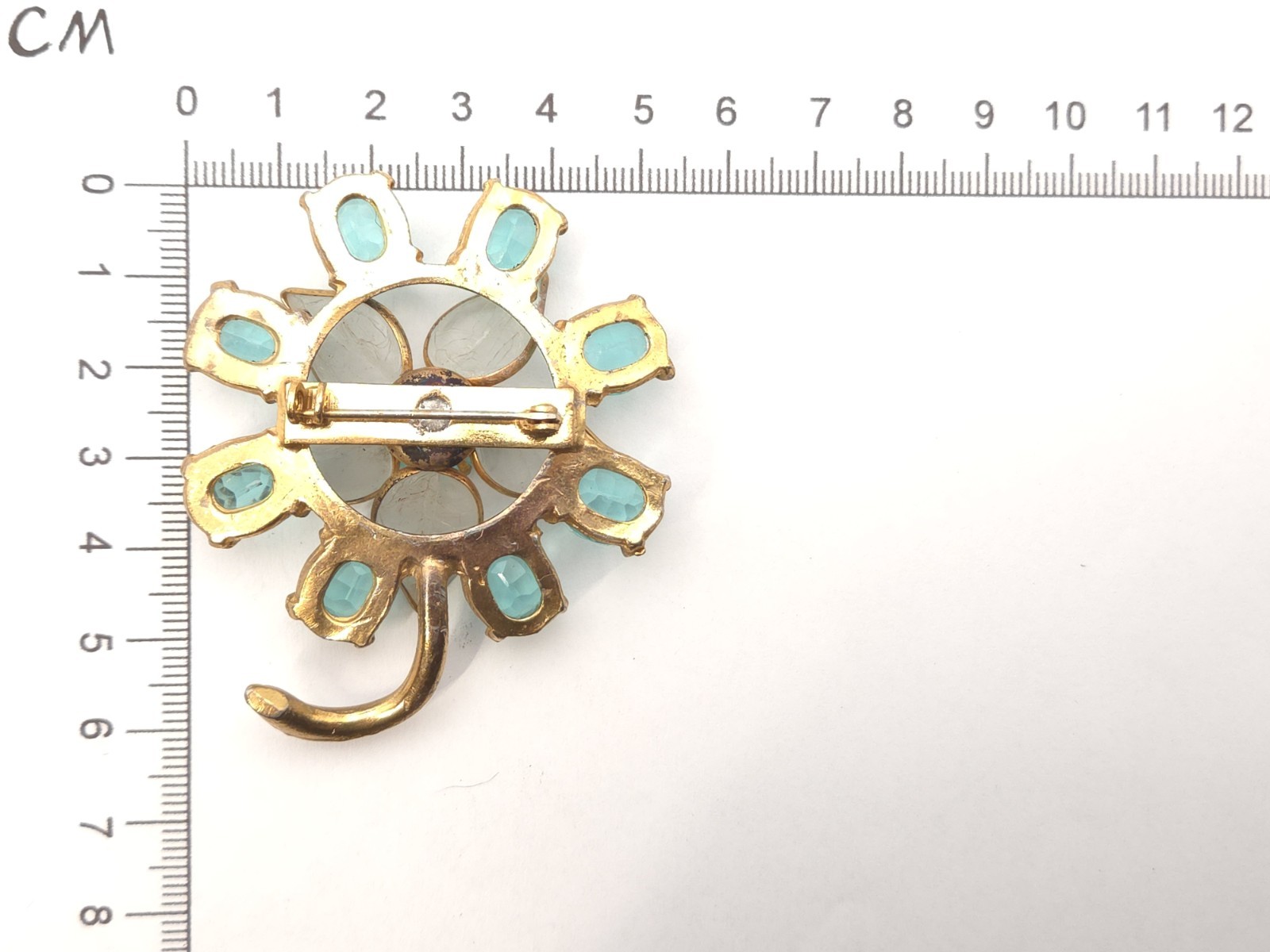 Vintage Art Deco Gold Gilt Aquamarine Blue Glass Paste Stone Flower Brooch Pin