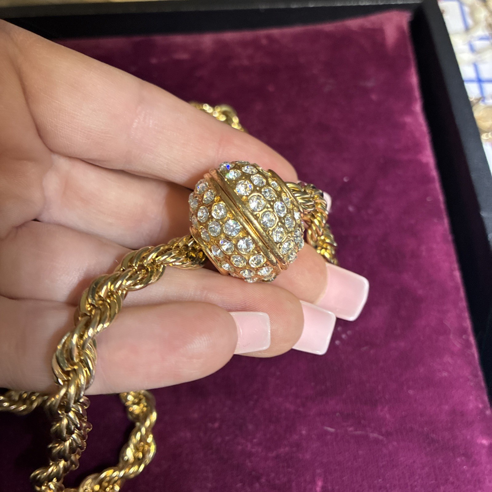 VTG Heavy 14K Gold Plated Rope Chain Crystal Pave Slide Ball Enhancer Necklace
