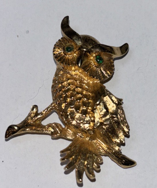 Vintage MONET Owl Brooch Pin with Green Rhinestone Eyes Gold Tone Setting