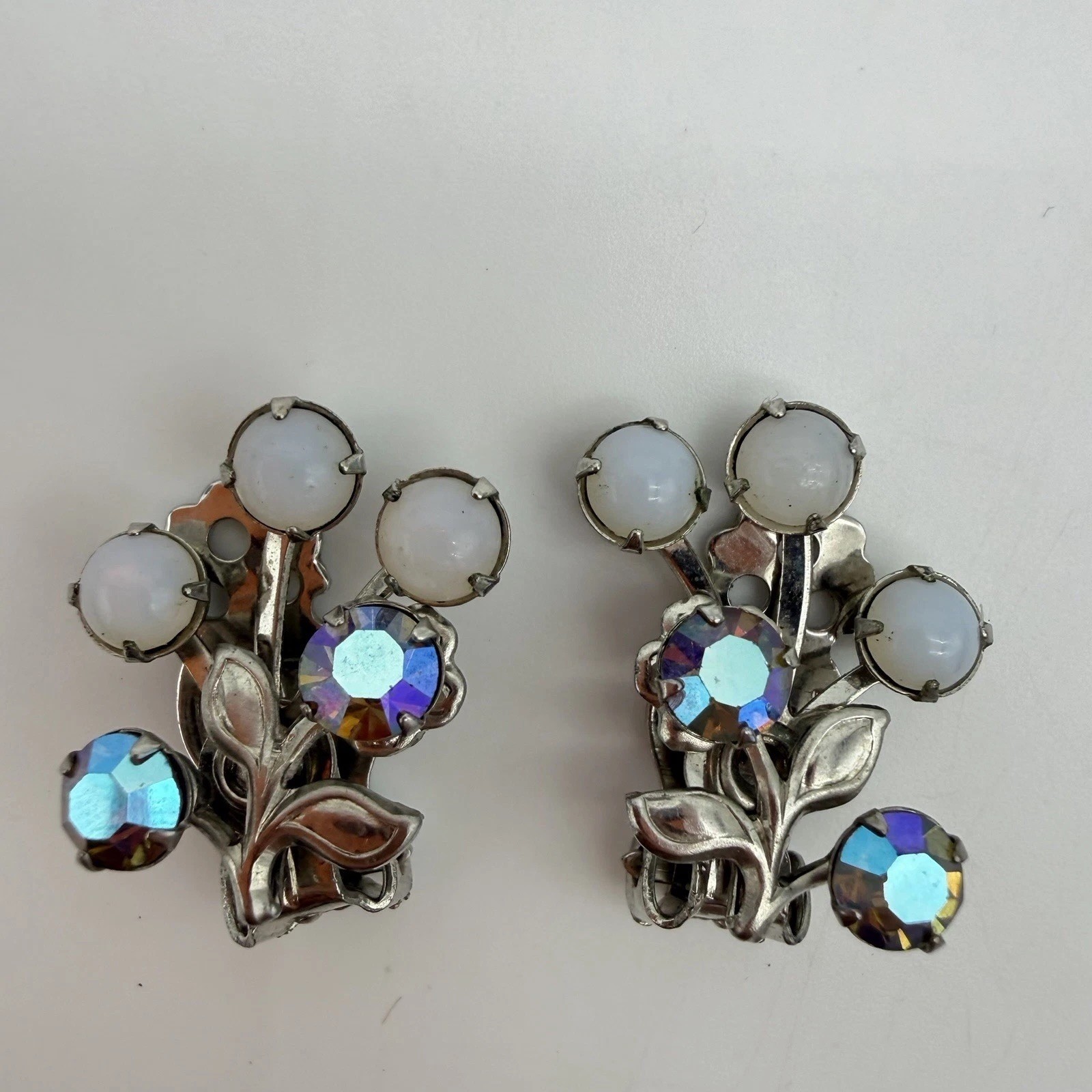 Vintage Spray Earrings Blue AB Rhinestone Opaline Glass Riveted Back Floral