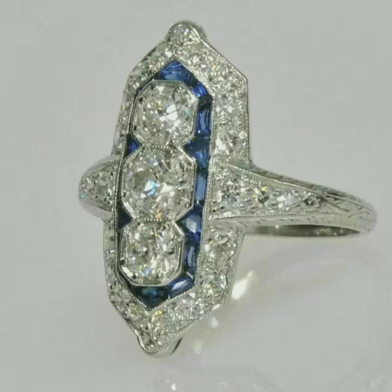 Art Deco Vintage Style Lab Created Diamond 14K White Gold Finish Engagement Ring