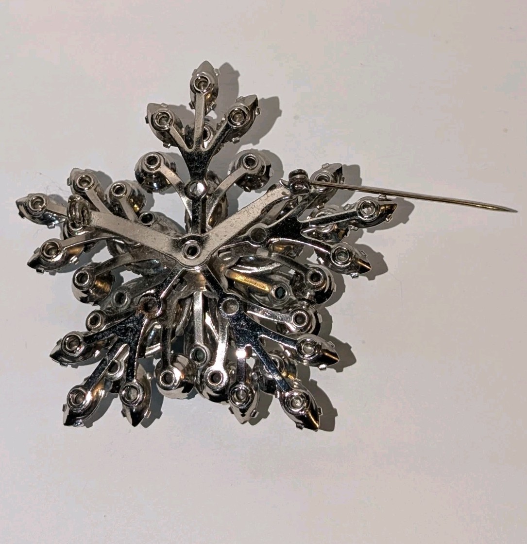 Vintage Ice-Blue Rhinestone Snowflake Brooch & Clip Earrings Set, AB, 1960s