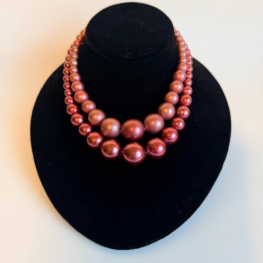 Vintage Hong Kong Pink Rose Double Strand Faux Pearl Adjustable Necklace Choker