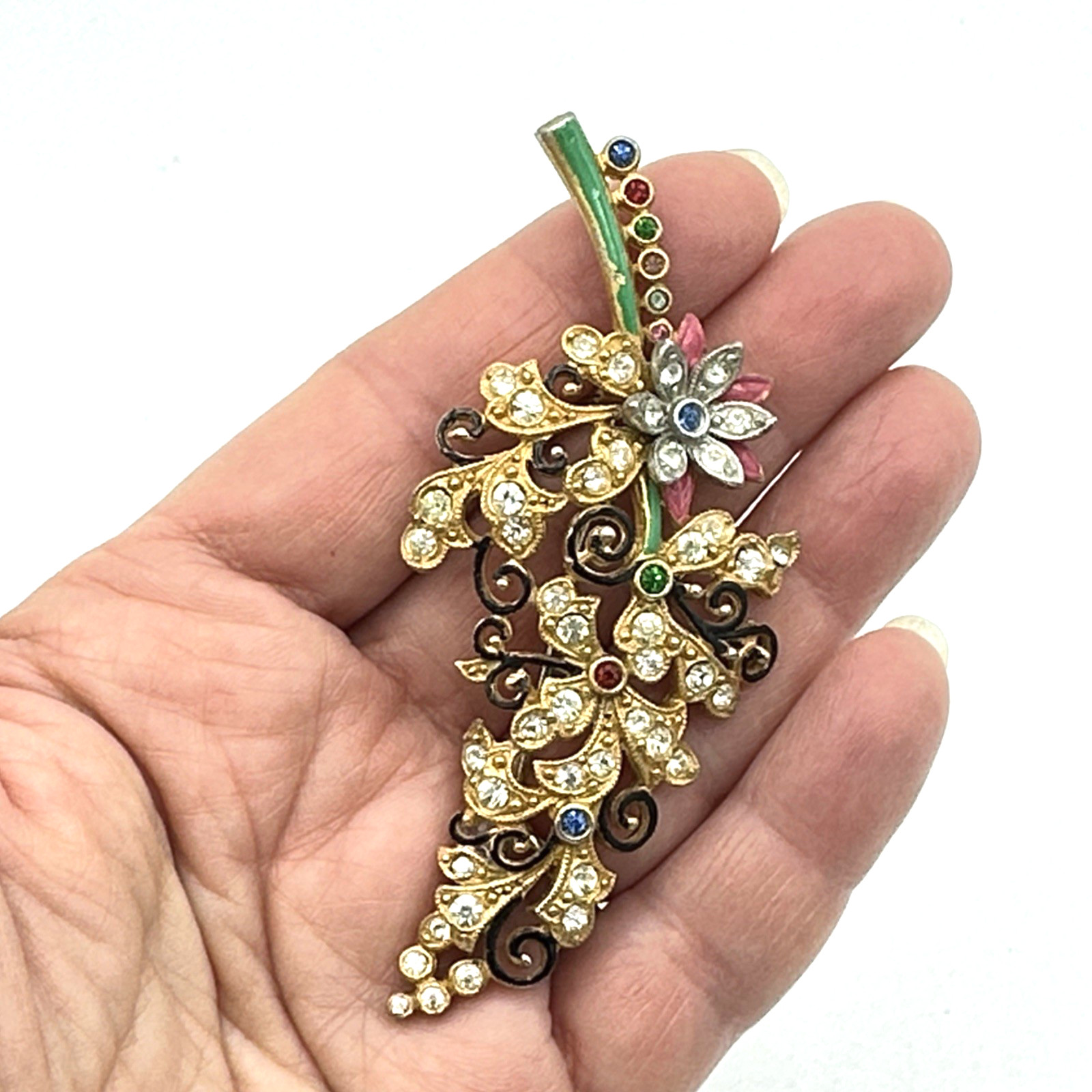 FLORAL SPRAY vintage brooch – 1940s pot metal enamel & rhinestone pin – colorful