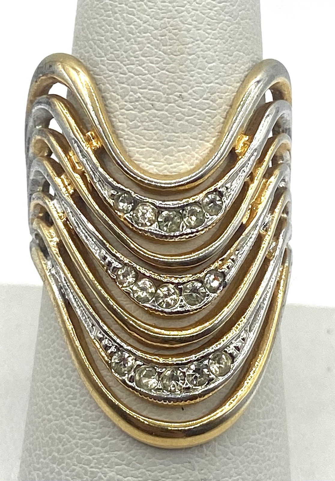 Vintage 18k Yellow Gold Plated CZ Waves Cocktail Ring Size 8