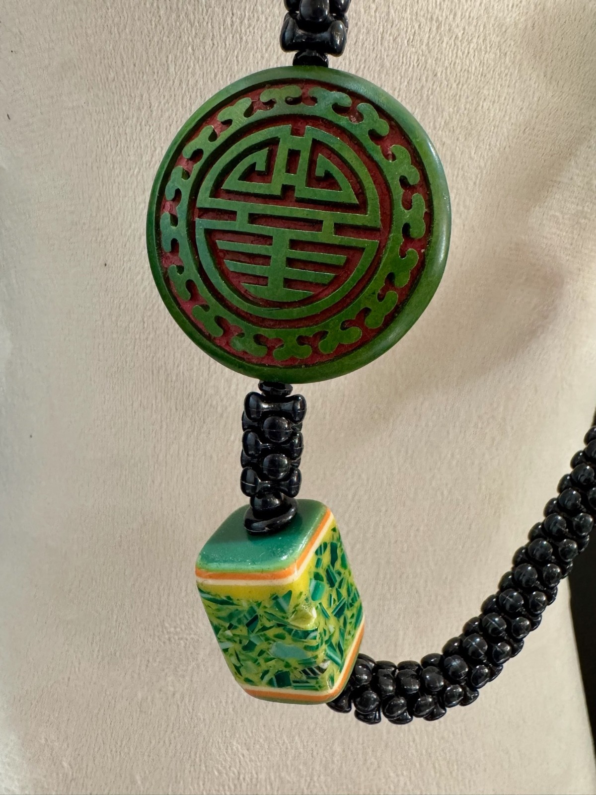 Lot of 3 Vintage Asian Style Pendant Necklaces Cloisonne Jade Look Cinnabar Styl