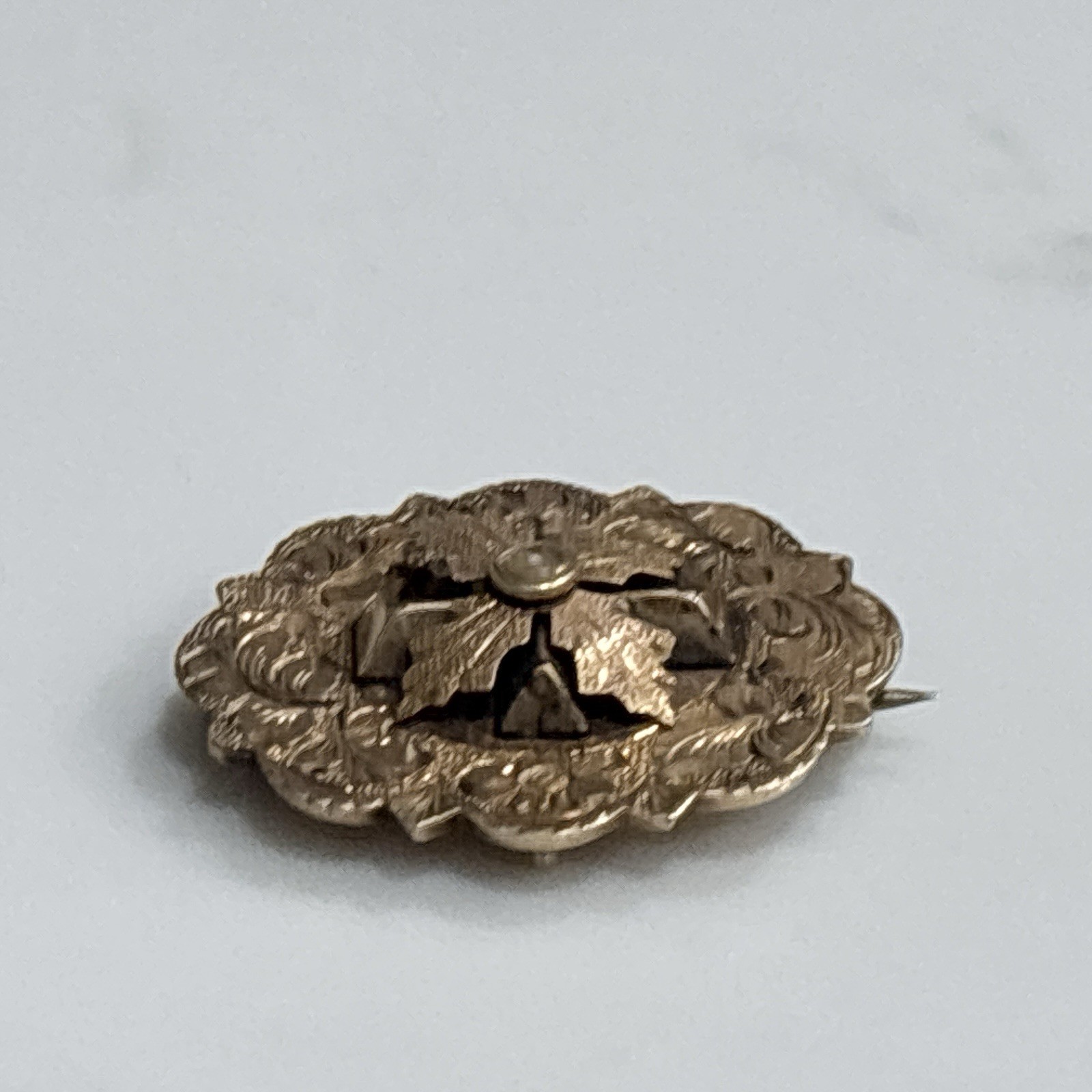 Antique Victorian Gold Filled Brooch Pin Floral Repousse Oval 3D Cross Vintage