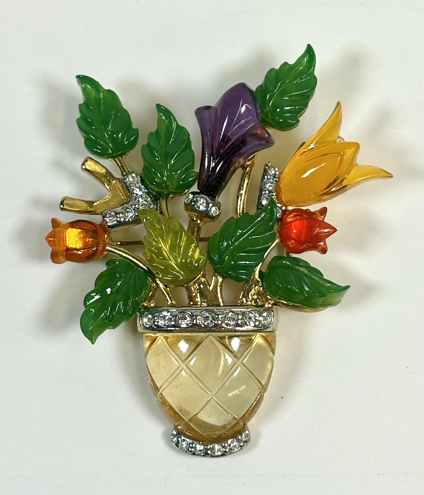 Vintage JC Joseph Cleary Lucite Flower Vase Basket Brooch 1960s MCm