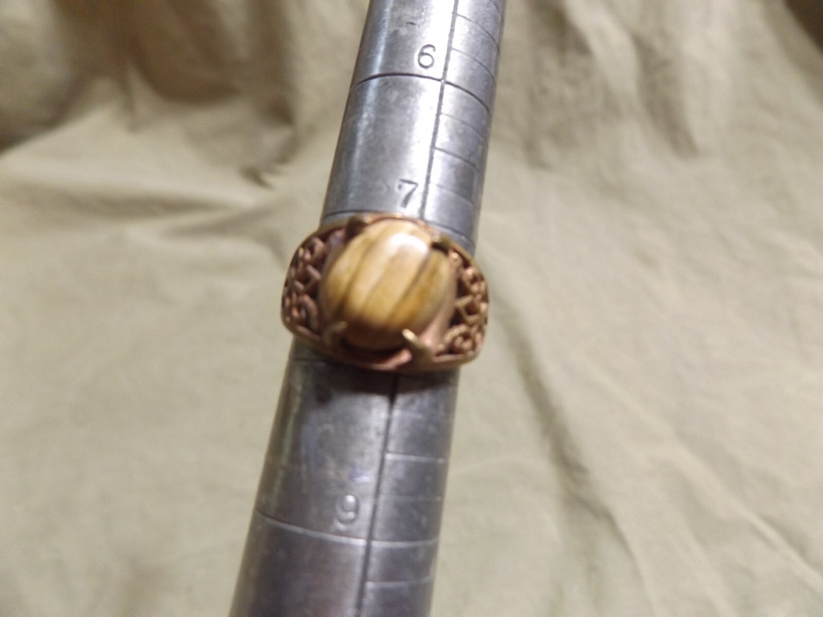Vintage Cast Brass? Ring w Striped Jade? Oval Stone Unused Size 7.5+