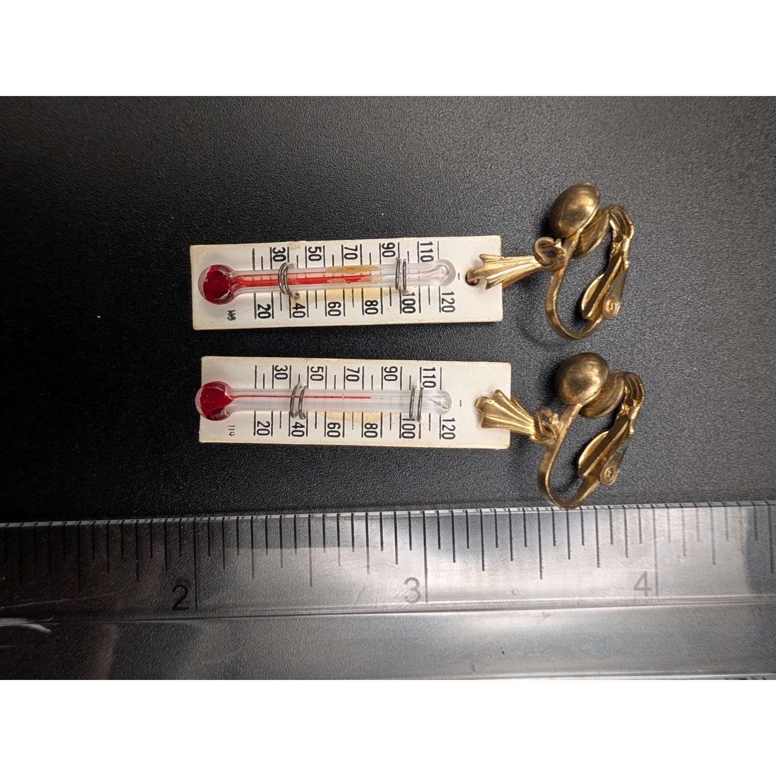 Vintage 1950s Working Thermometer Clip On Earrings Novelty Kitsch Jewelry