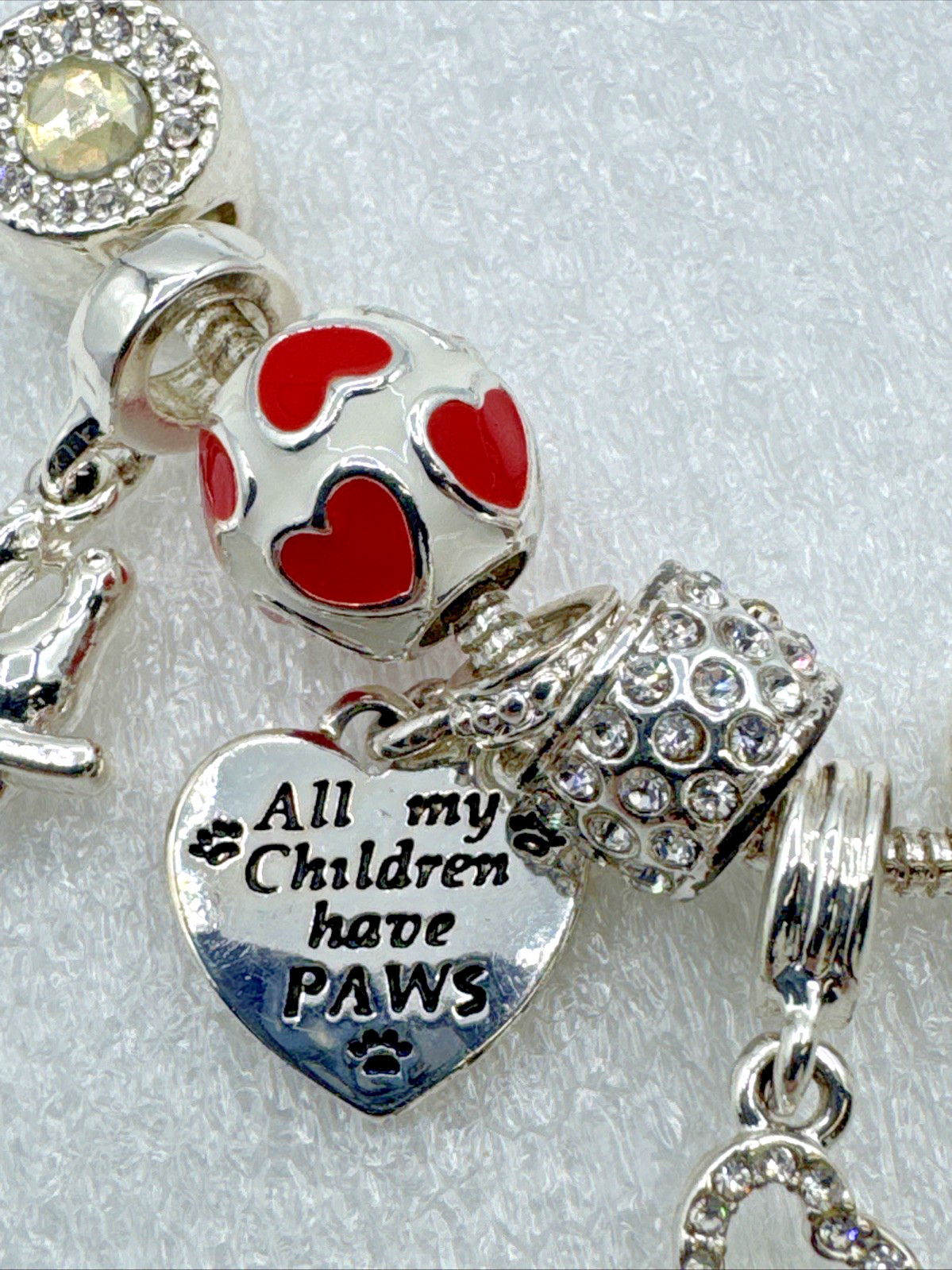 Silver Tone Snake Chain Charm Bracelet 6.5” – 13 Charms Pets Flowers Hearts Love
