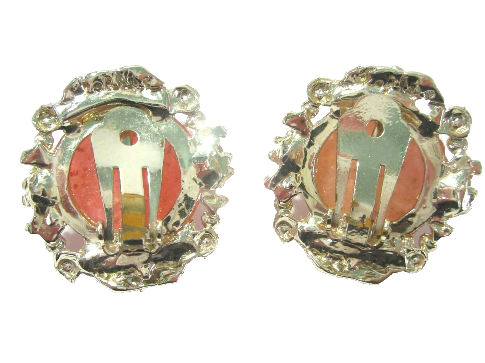 WHITE LIGHT PINK CONFETTI CLIP ON EARRINGS FANCY SETTING LARGE GOLD TONE