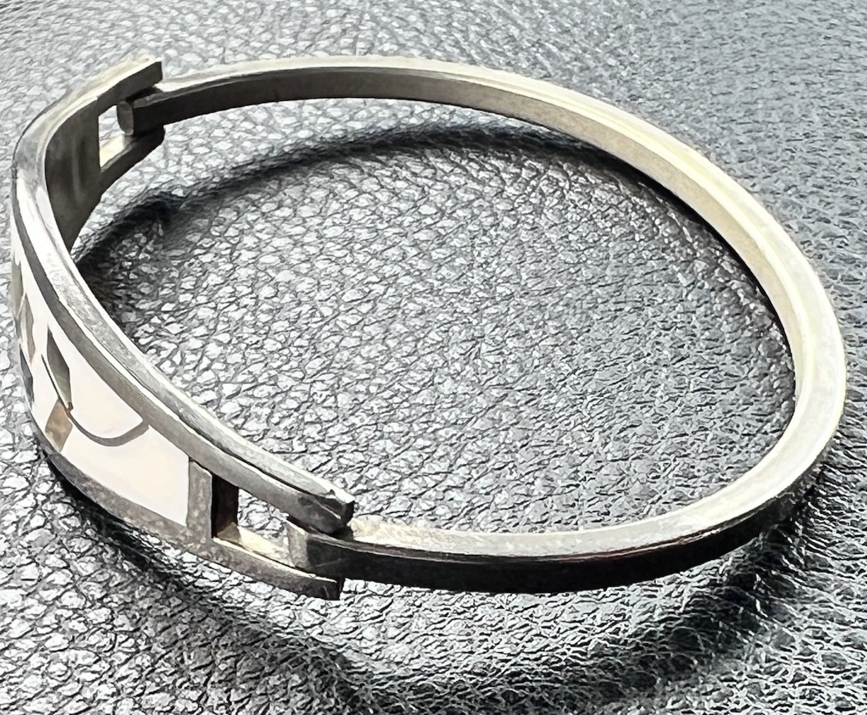 Vintage Silver Bracelet Alpaca Mexico White Floral Hinged Inlay Abalone