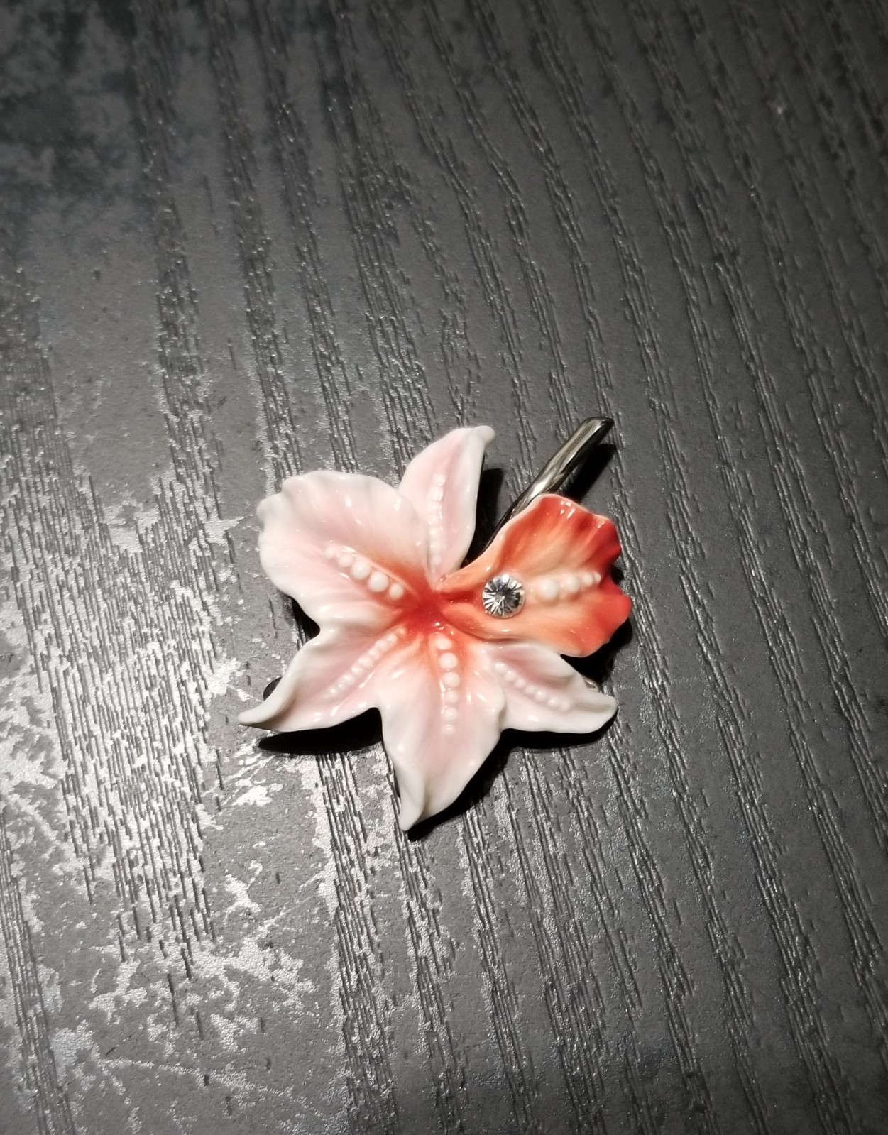 Franz Porcelain Pink Orchid Rhodium Pendant – Discontinued Mint With Box Signed