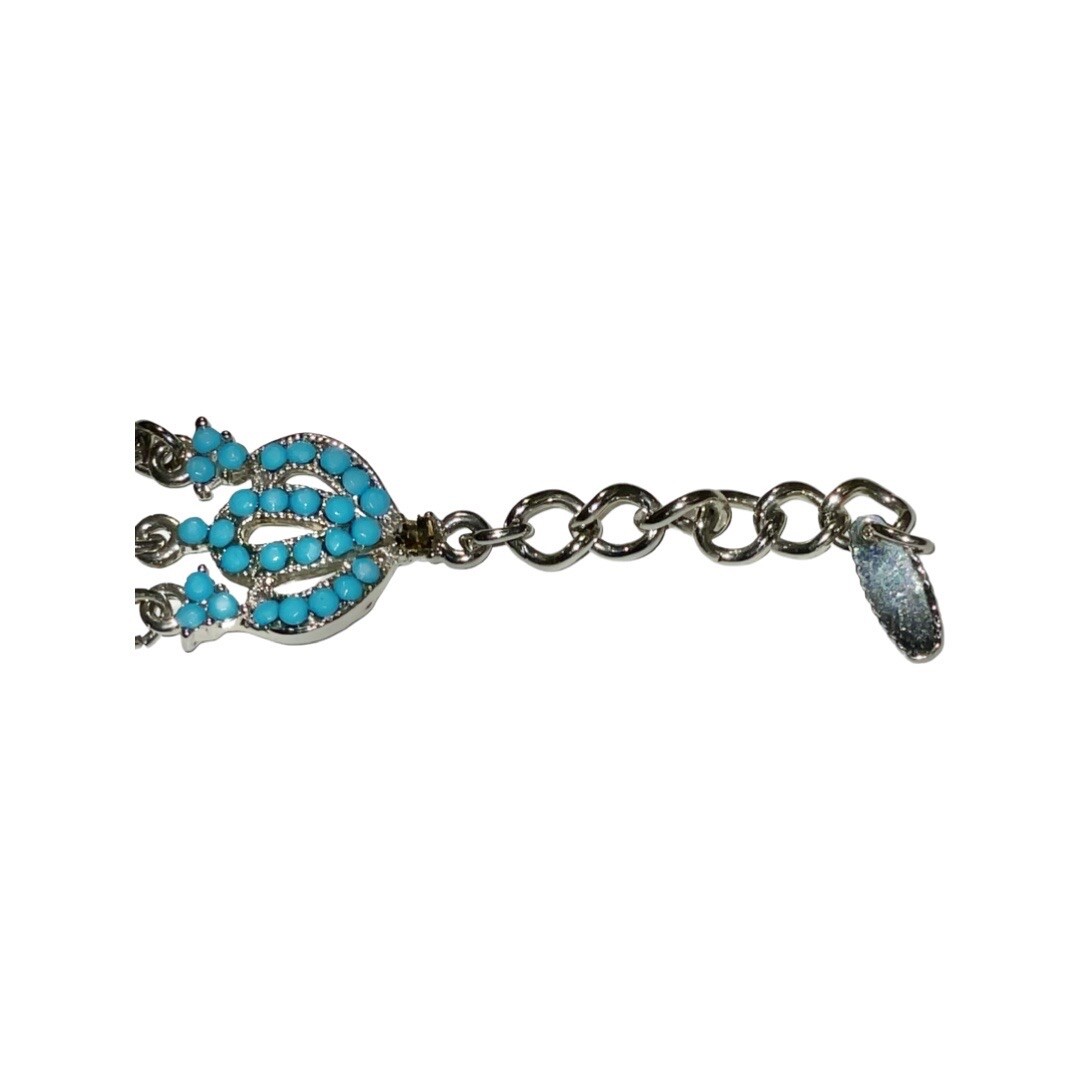 VCLM Victorian Filigree Silver Turquoise Crystal Wide Statement Bracelet