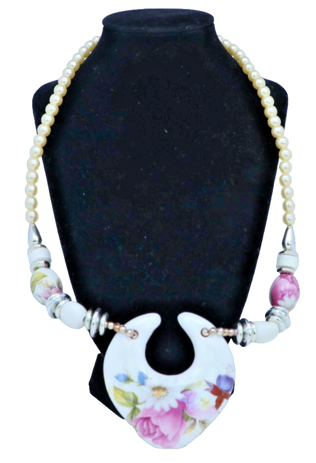 Floral Porcelain Pendant Necklace Faux Pearl Beads Statement Jewelry Pink Rose