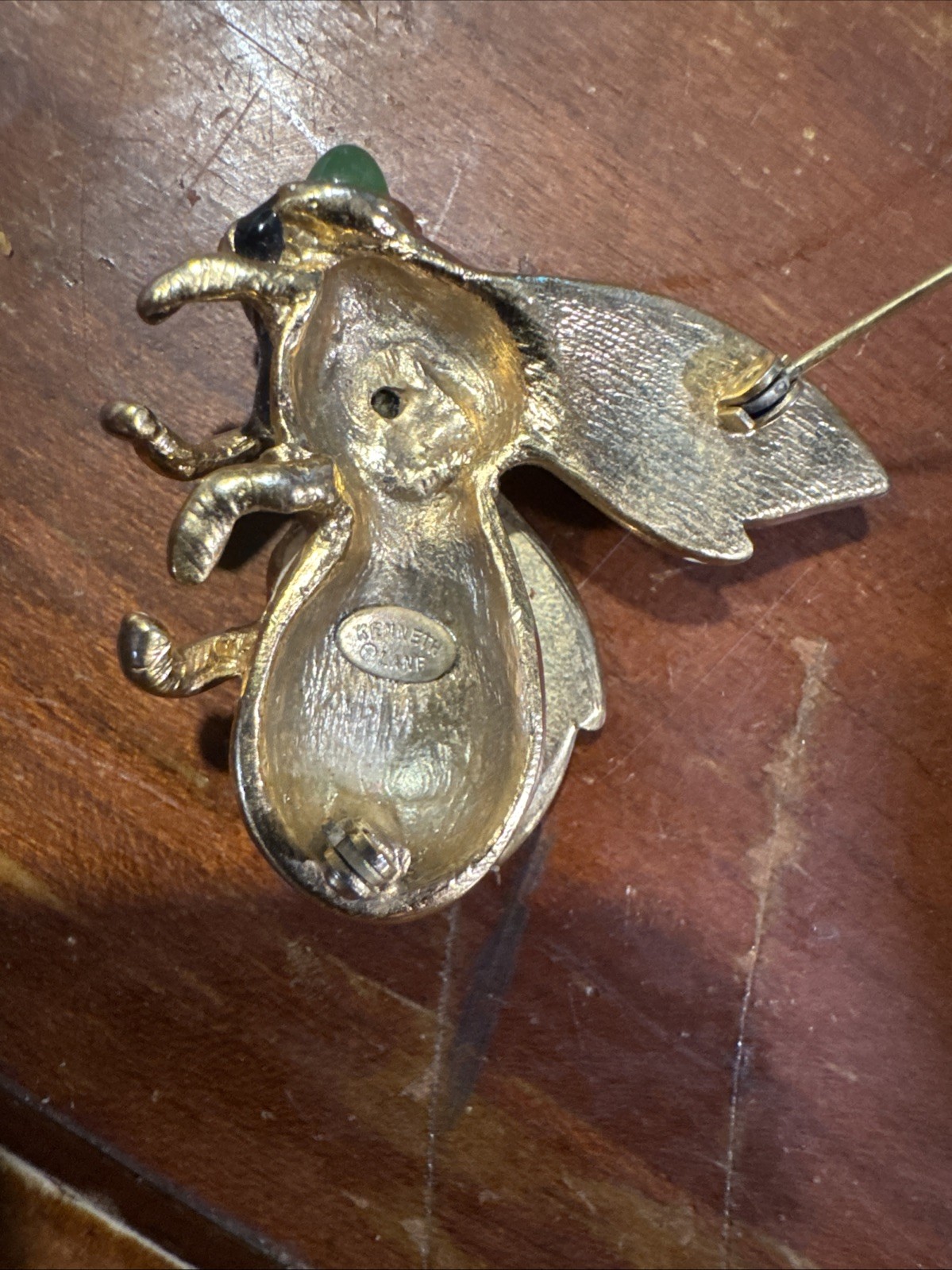 Vintage Kenneth J Lane Bee Brooch Black & White Enamel, Crystals, Green cabochon