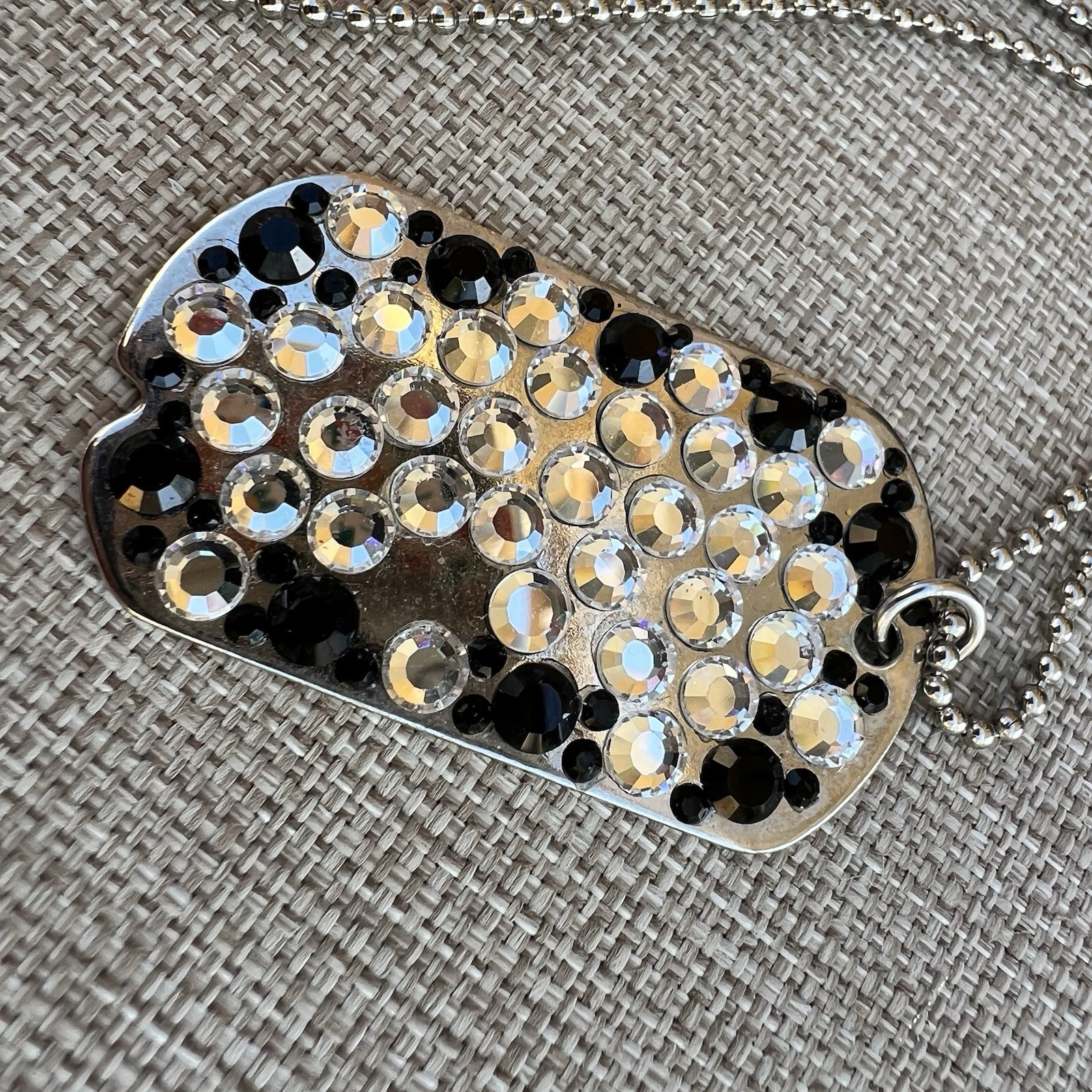 Vintage Handmade Rhinestone Crystal Embellished Dog Tag Necklace 23” Chain Black