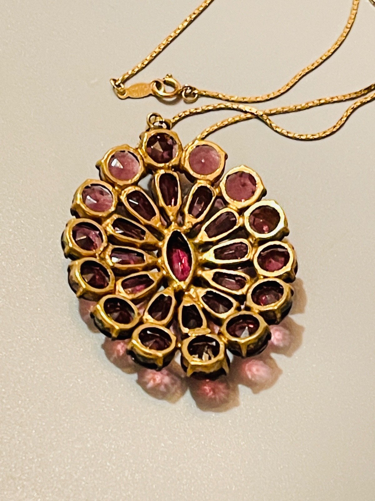Vintage Czechoslovakia Multiple Diamond Shape Amethyst Pendant Necklace & Chain