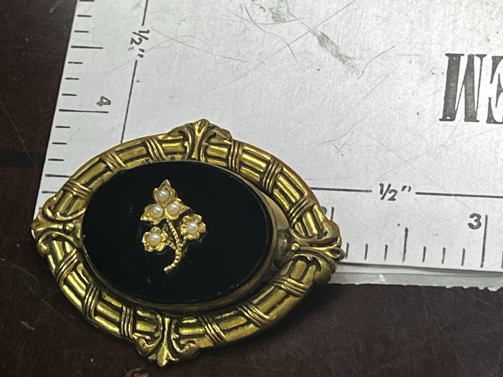 Victorian/Mourning Style VTG. Repousse Brass Black Glass Brooch Faux Pearl 2 1/8
