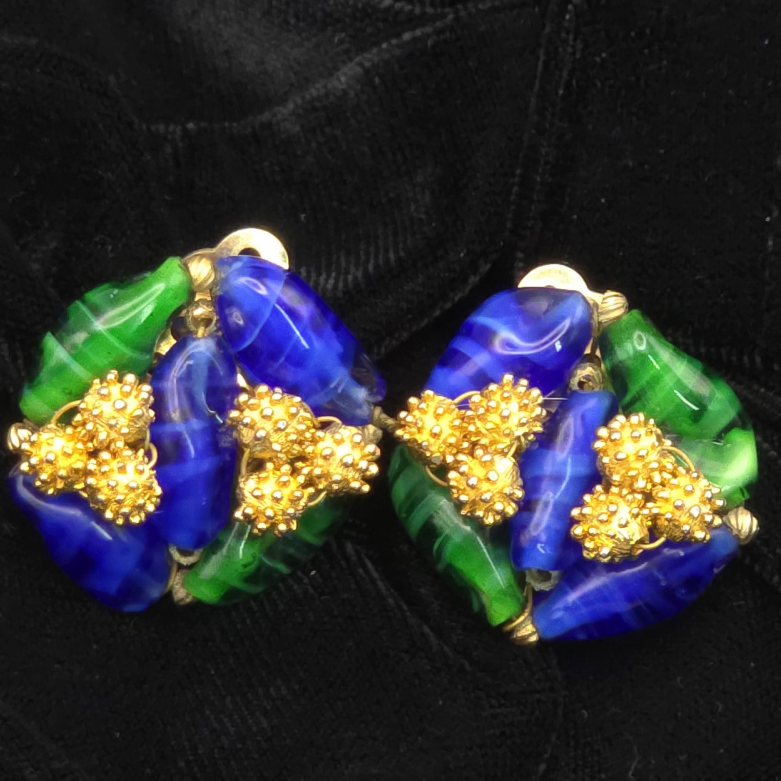 Elegant Vintage Les Bernard Clip On Earrings Blue & Green Glass Golden Ornament