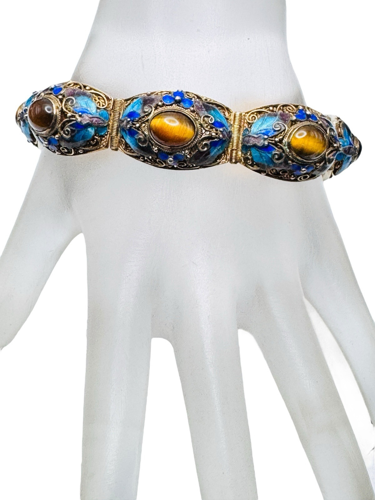 Vintage Chinese Export Gilt Silver Enamel Mesh Filigree Bracelet Tigers Eye Nice