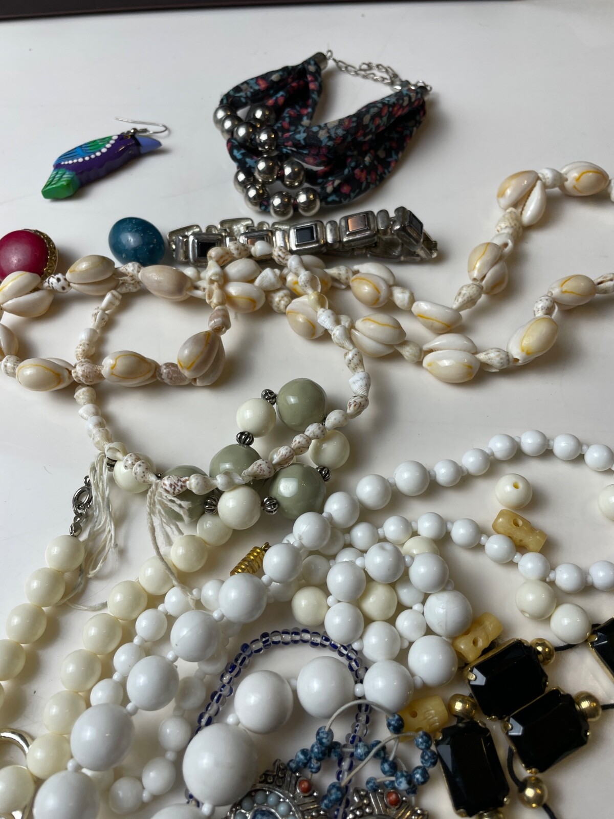 Lot Vintage Costume Jewelry For Repurposing And Wear Shell Necklace Beads Etc.
