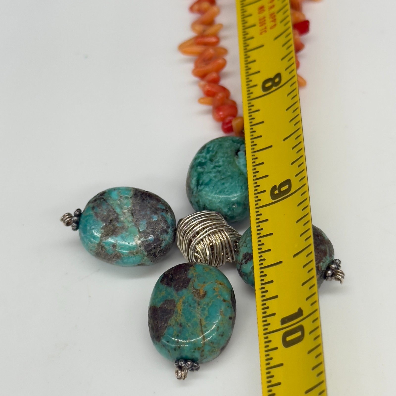 Vintage African Turquoise Necklace Flower and Coral Beaded Chain 16 Inches