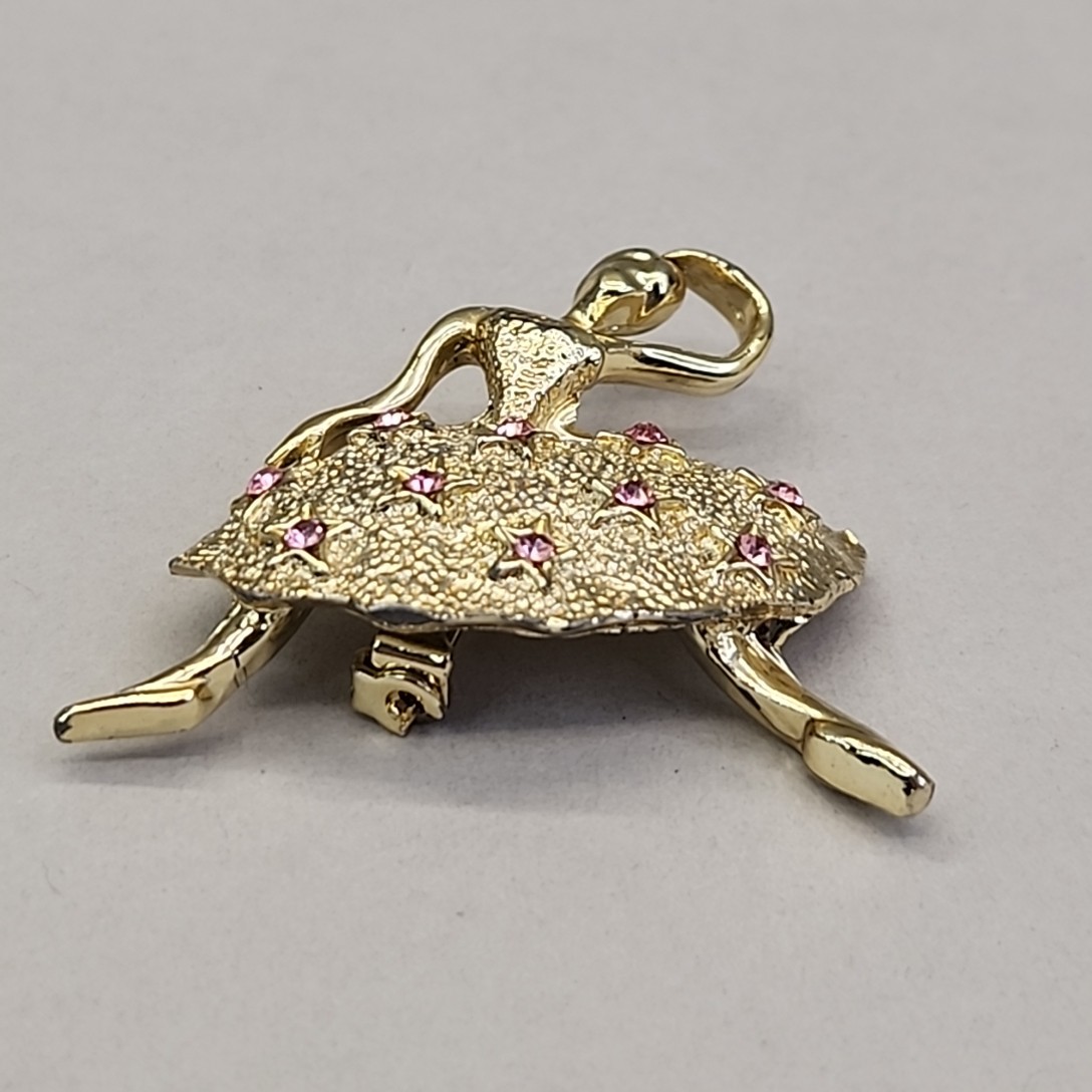 Vintage Ballerina Brooch Pink Rhinestones Gold Tone Speckled 1 5/8″