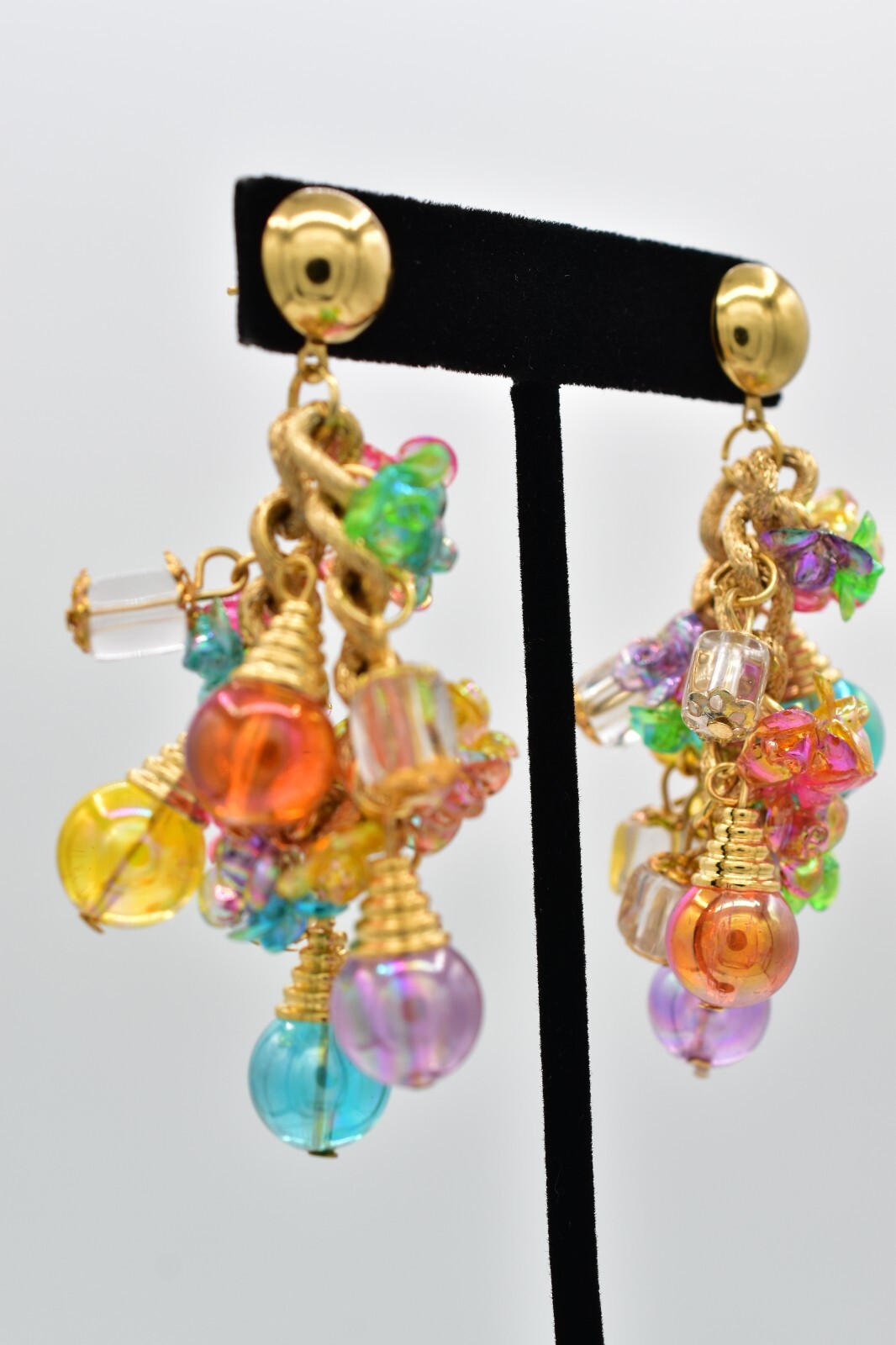 Vintage Ornament Beaded Dangle Earrings Chain Multi-Color Lucite Chunky NOS A28