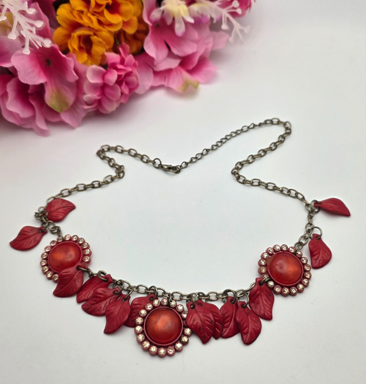 Vintage Bakelite Lucite Floral Bib Necklace Red Leaves Rhinestone Cabochon 21 In