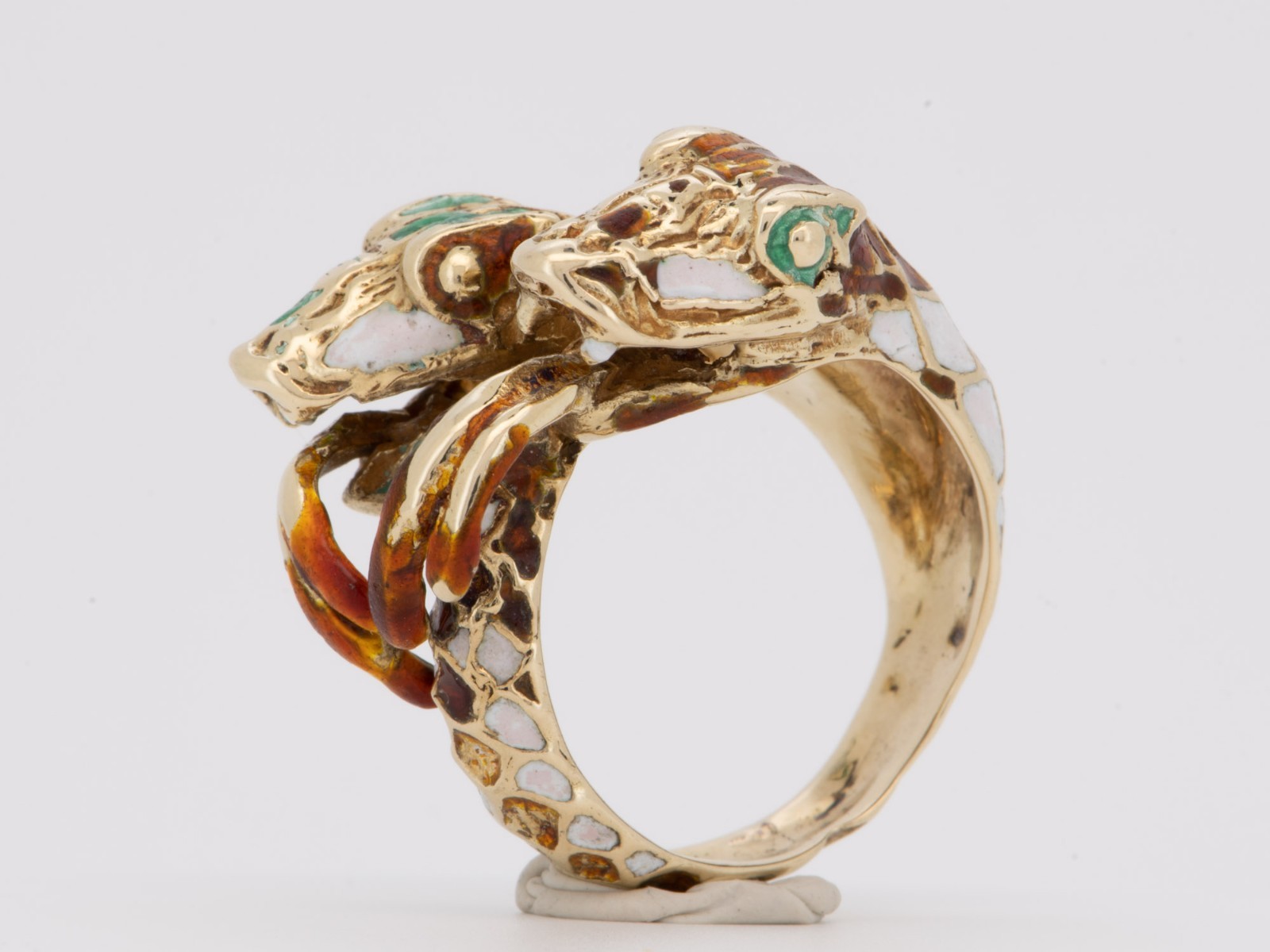 14K Gold Double Head Serpent Snake Ring with Enamel Tongue Heavy V1236