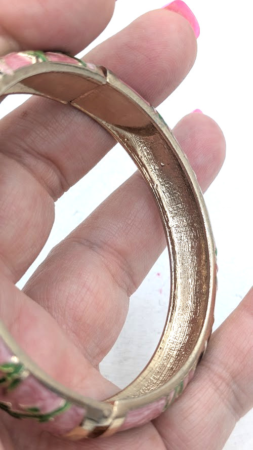 Vintage Cloisonne Panda Hinged Bracelet Pink Enamel Bamboo Gold Tone Bangle