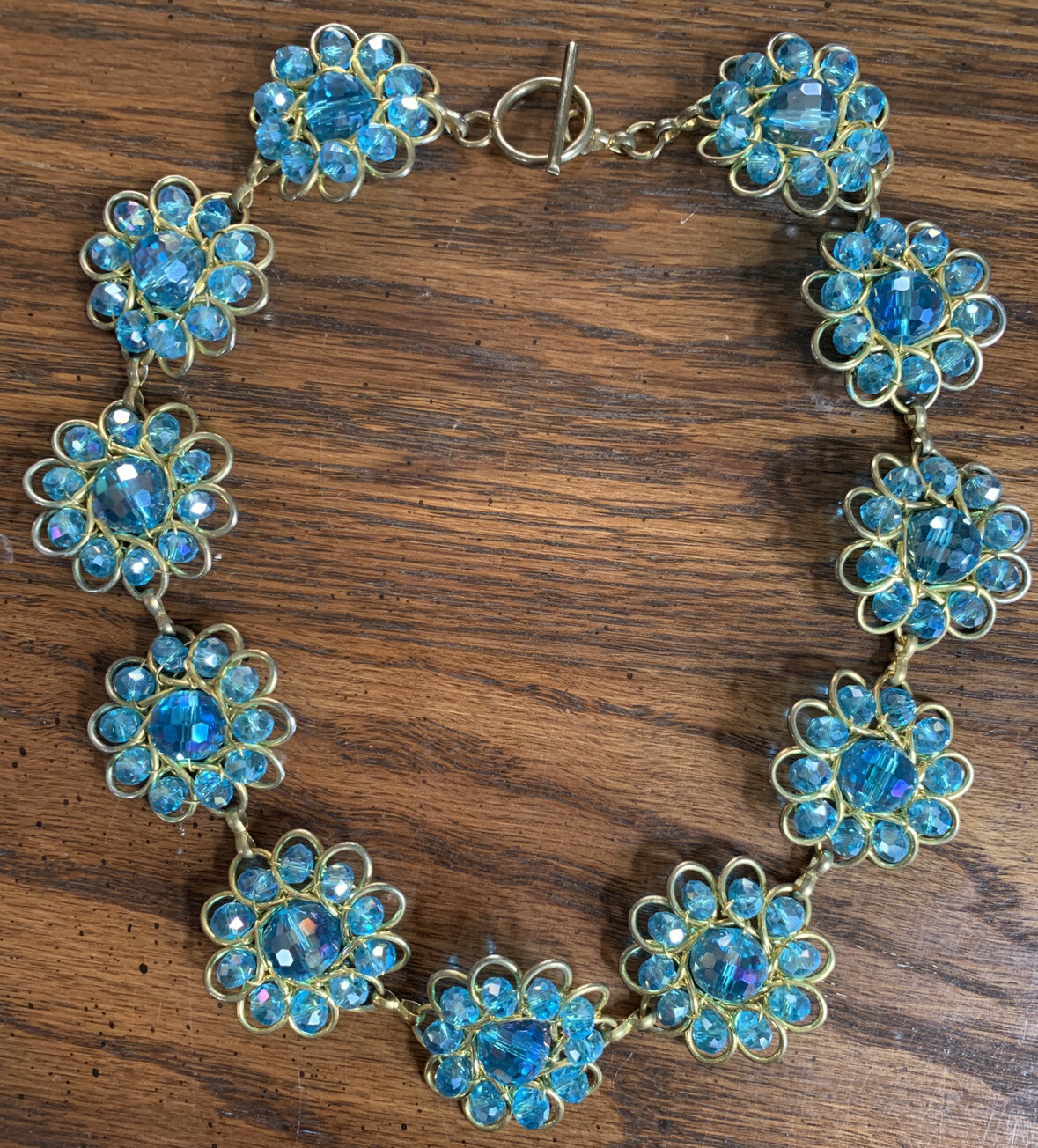 Sparkling Aqua Crystal Beaded Wired Flowers Necklace