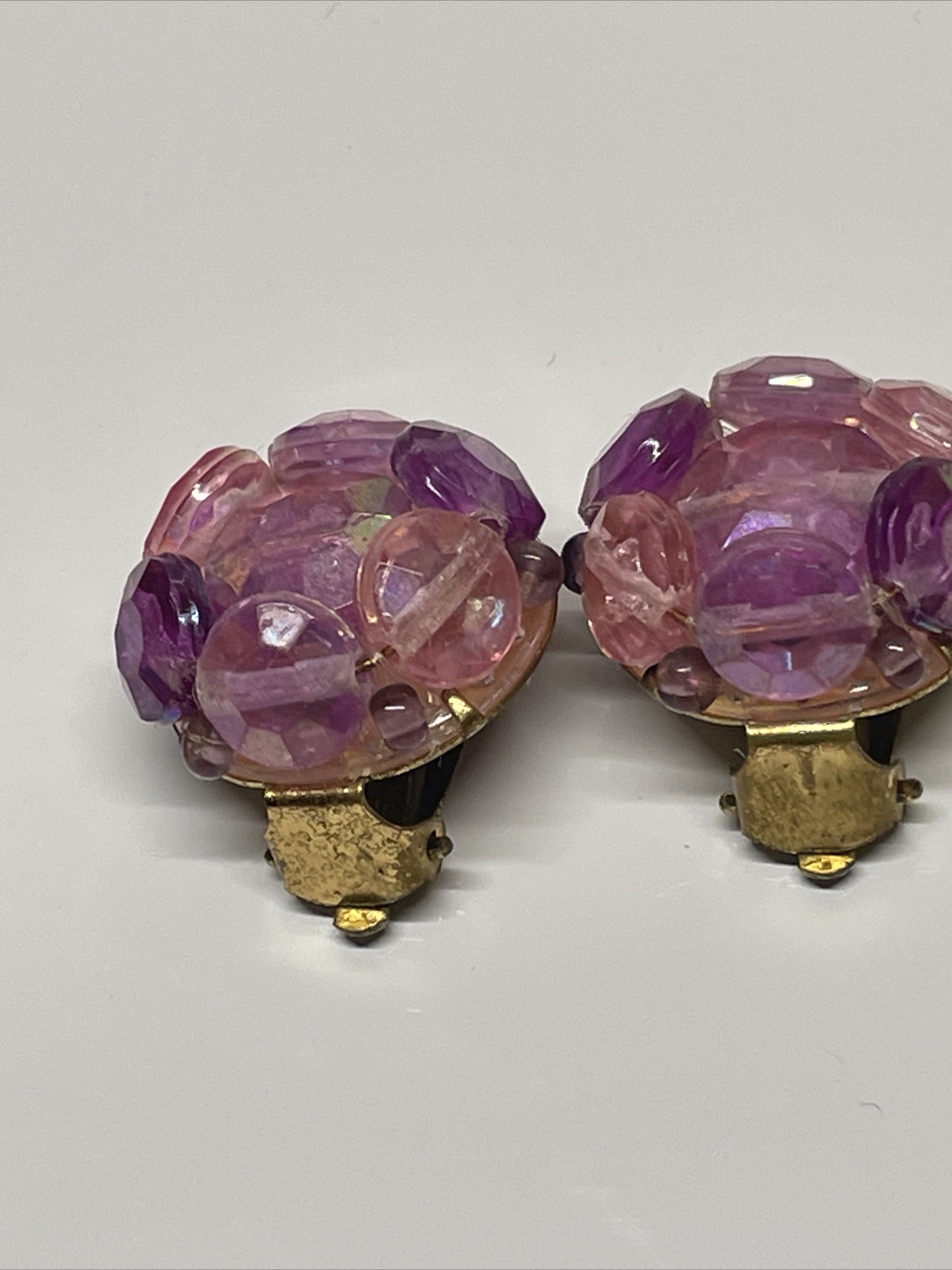 Vintage Western Germany Gold Tone Purple Beaded Cluster Clip On Earrings