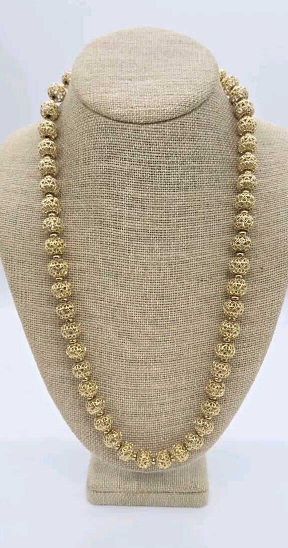Vintage MONET Necklace Gold Tone Filigree Ball Art Deco Long 25 in