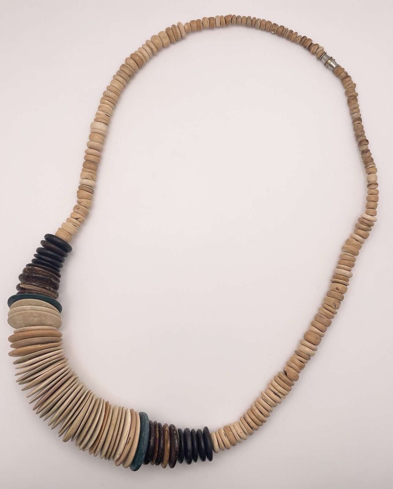 Vintage Wood Disc Brown Blue Statement Barrel Clasp Necklace