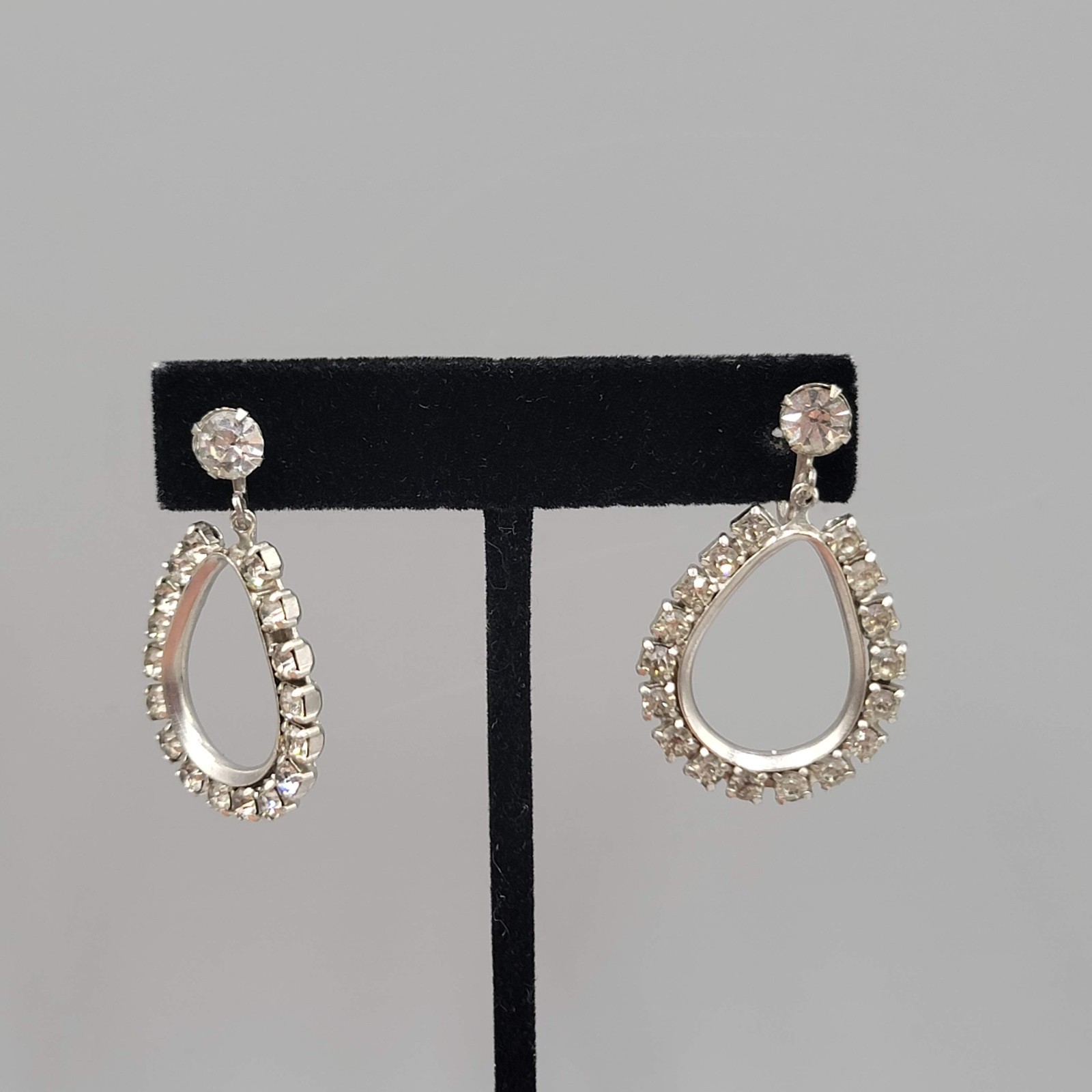 Vintage Open Dangle Clear Rhinestone Clip on Earrings Silver tone Screw Back 1.5