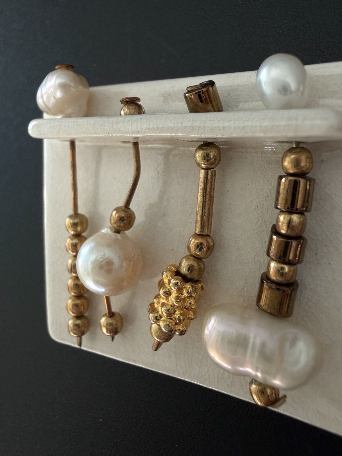 Artisan Ceramic Brooch with Dangling Freshwater Baroque Pearls Gold Beads Vtg