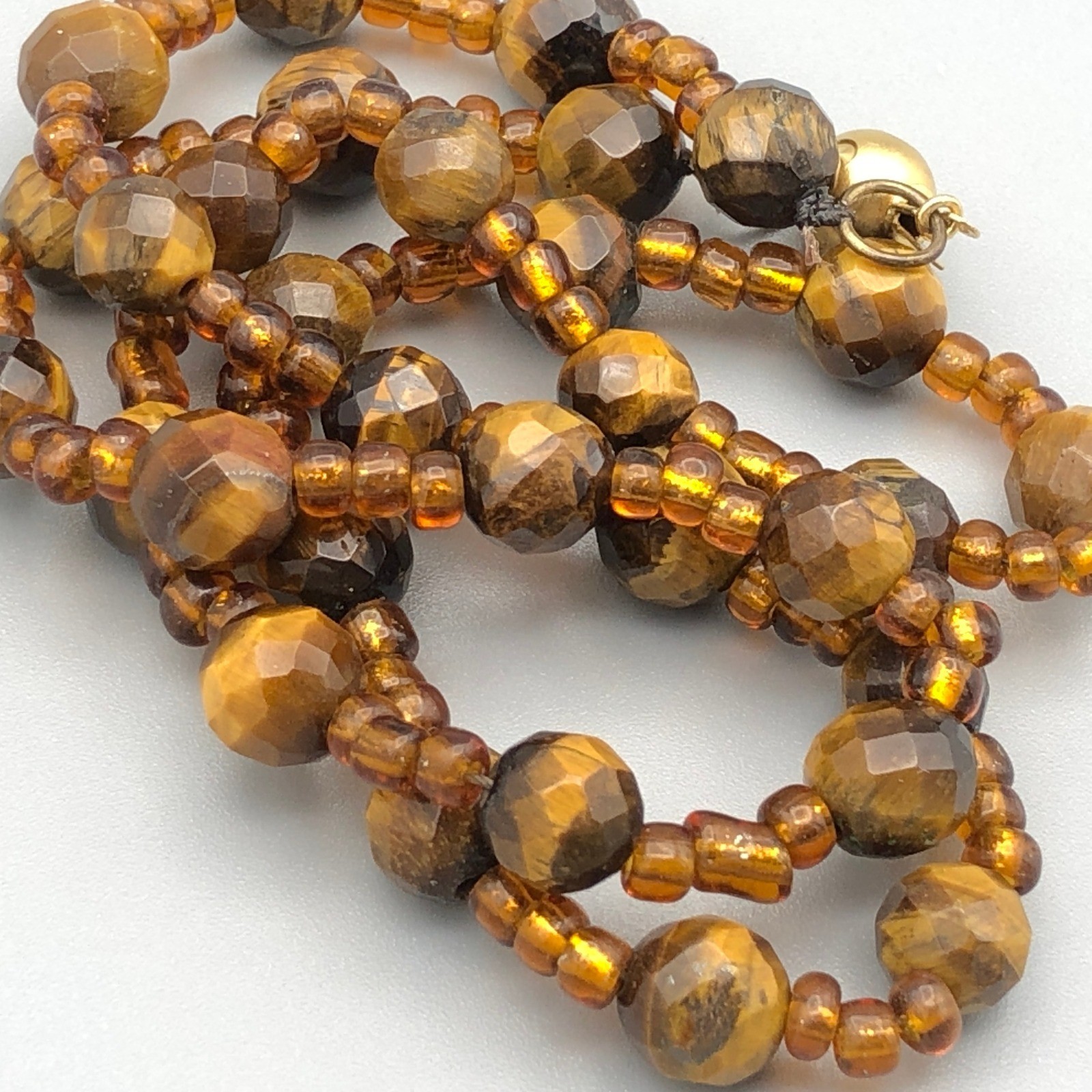 Vintage Genuine Tigers Eye Stone Necklace 20″ Golden Brown Faceted 15mm Beads