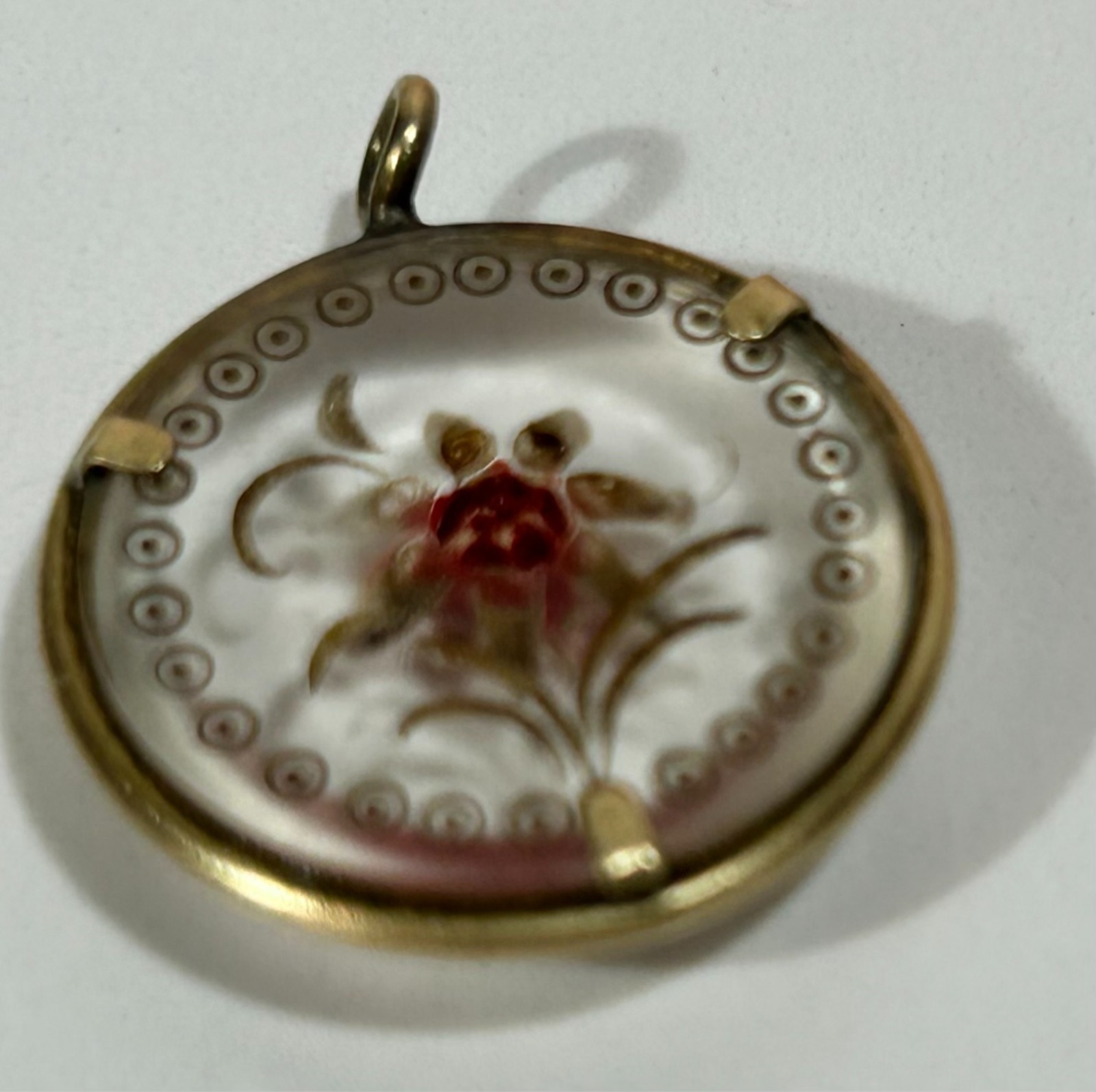 Antique Reverse Carved Crystal Rose Pendant Essex Crystal Style Rolled Gold 1900
